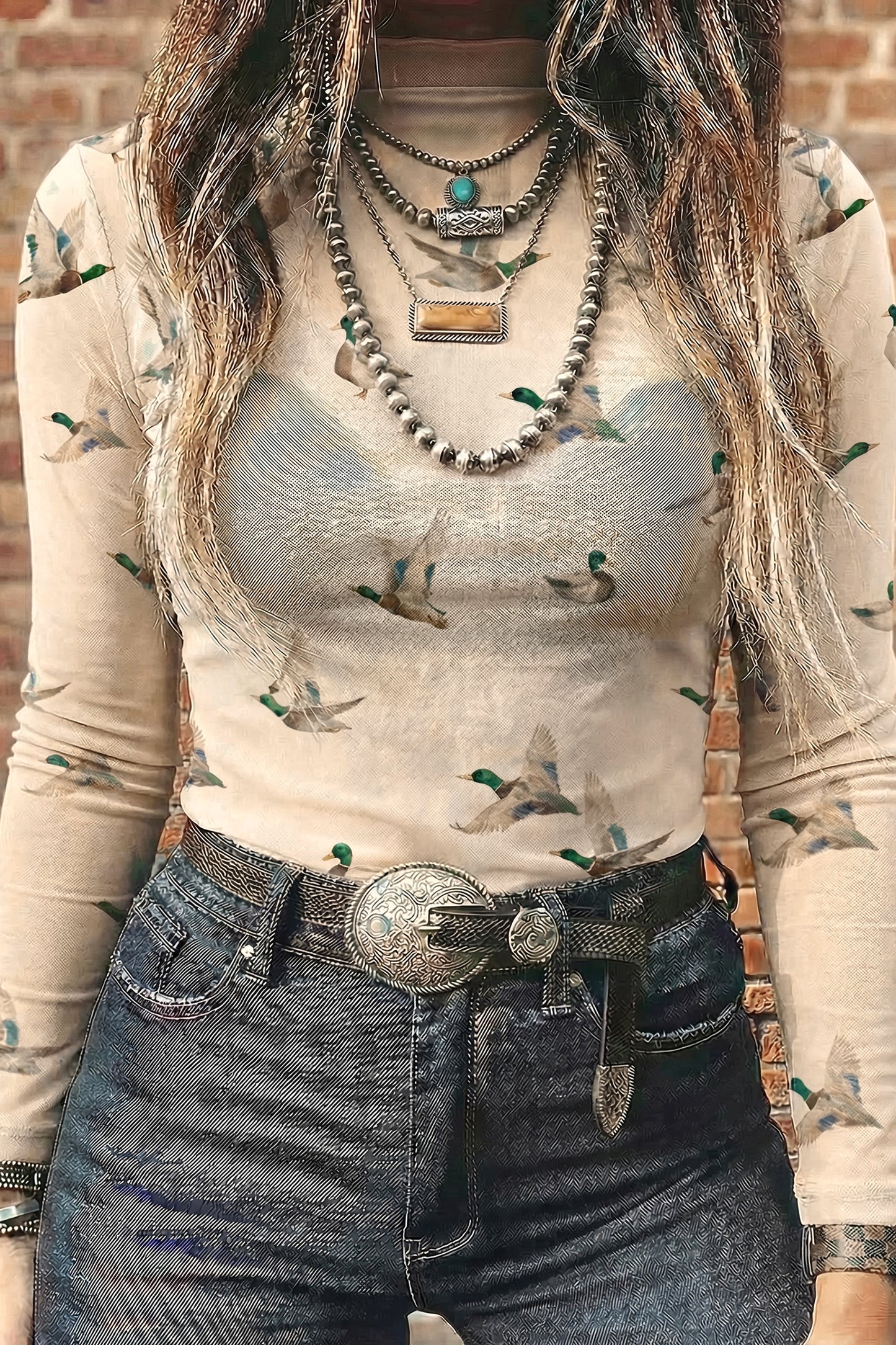 Beige Western Print Mesh High Neck Long Sleeve Top