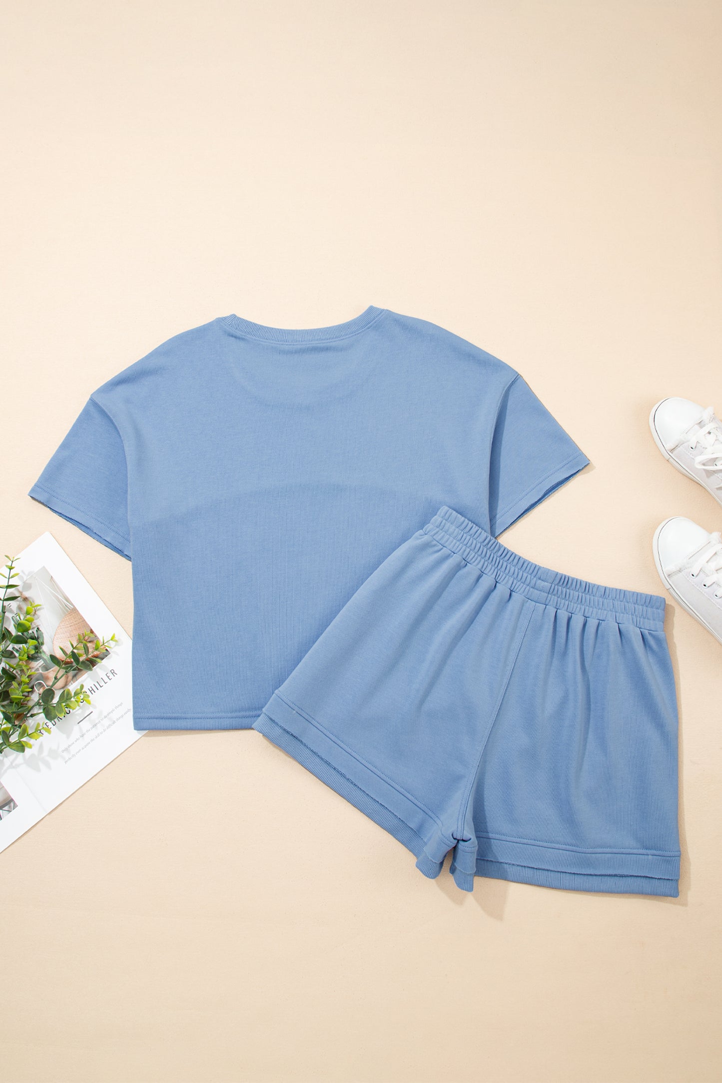 Sky Blue Contrast Textured Patchwork Raw Edge Short Set