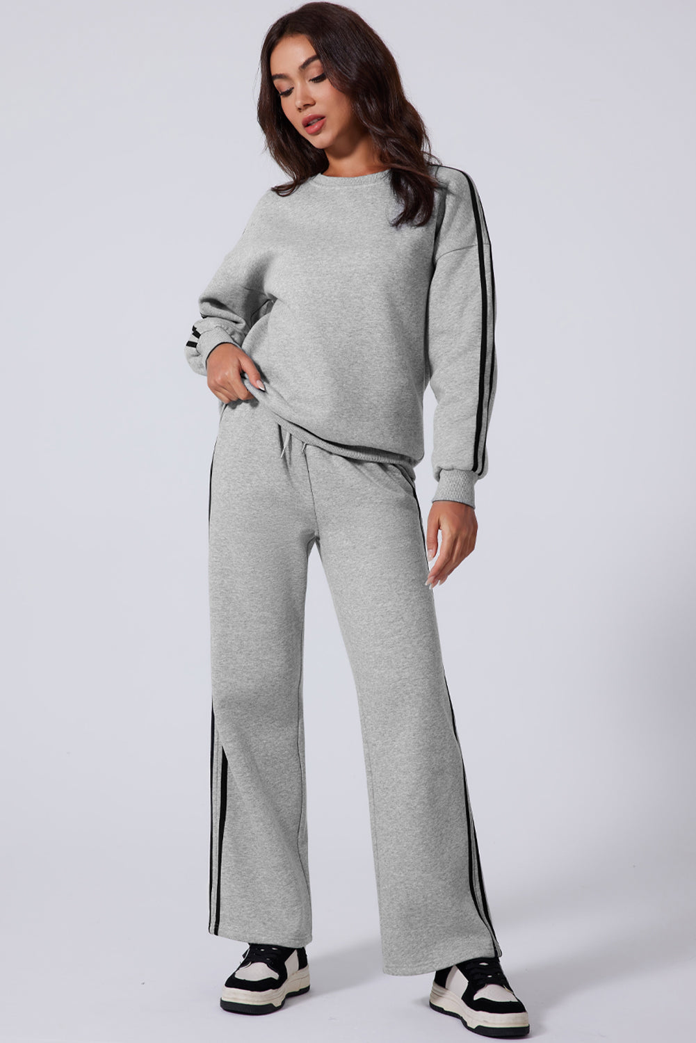 Solid Color Side Striped Sweatshirt Active Set