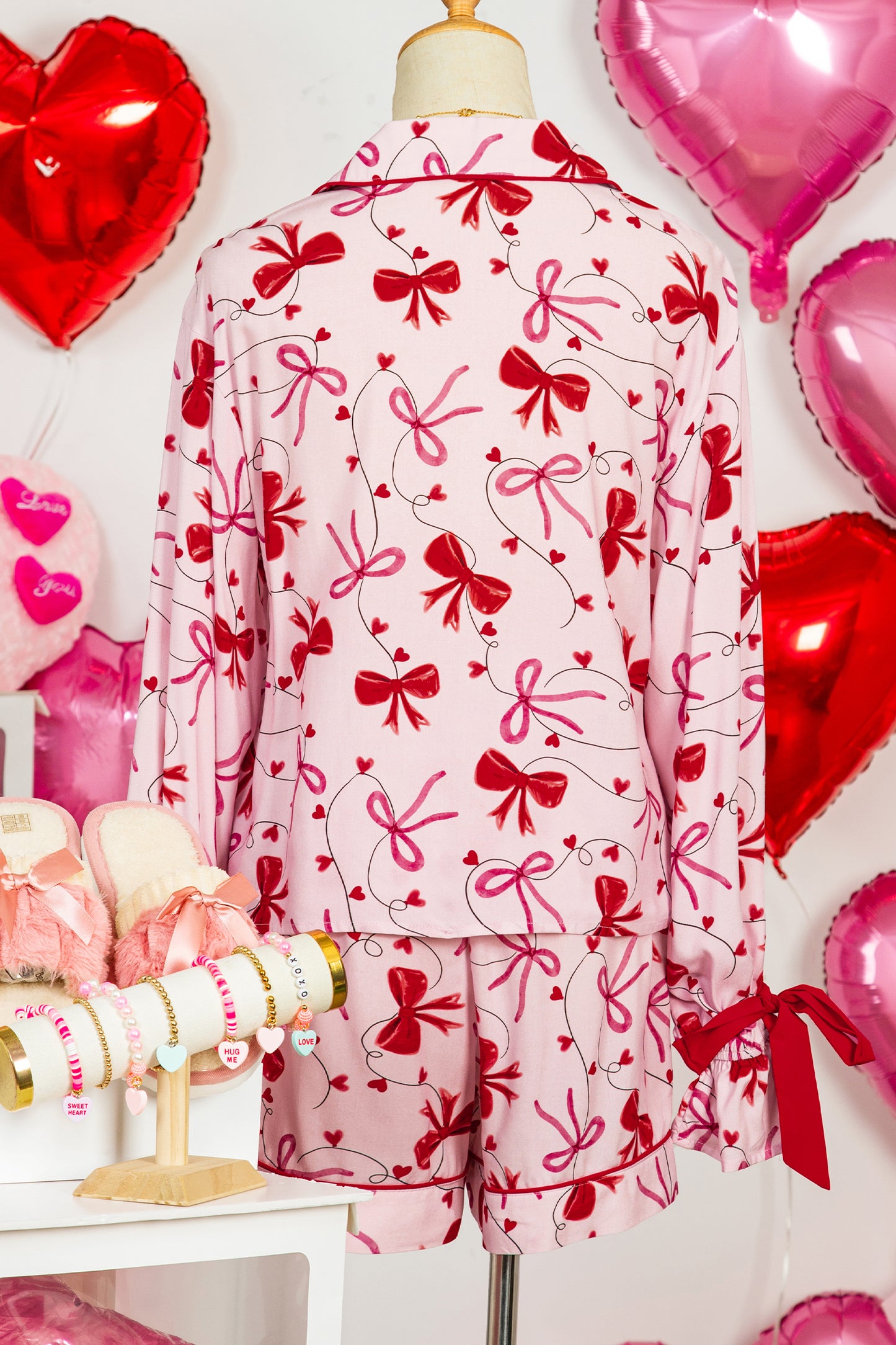 Bow Print Valentine Long Sleeve Shirt & Shorts Pajama Set