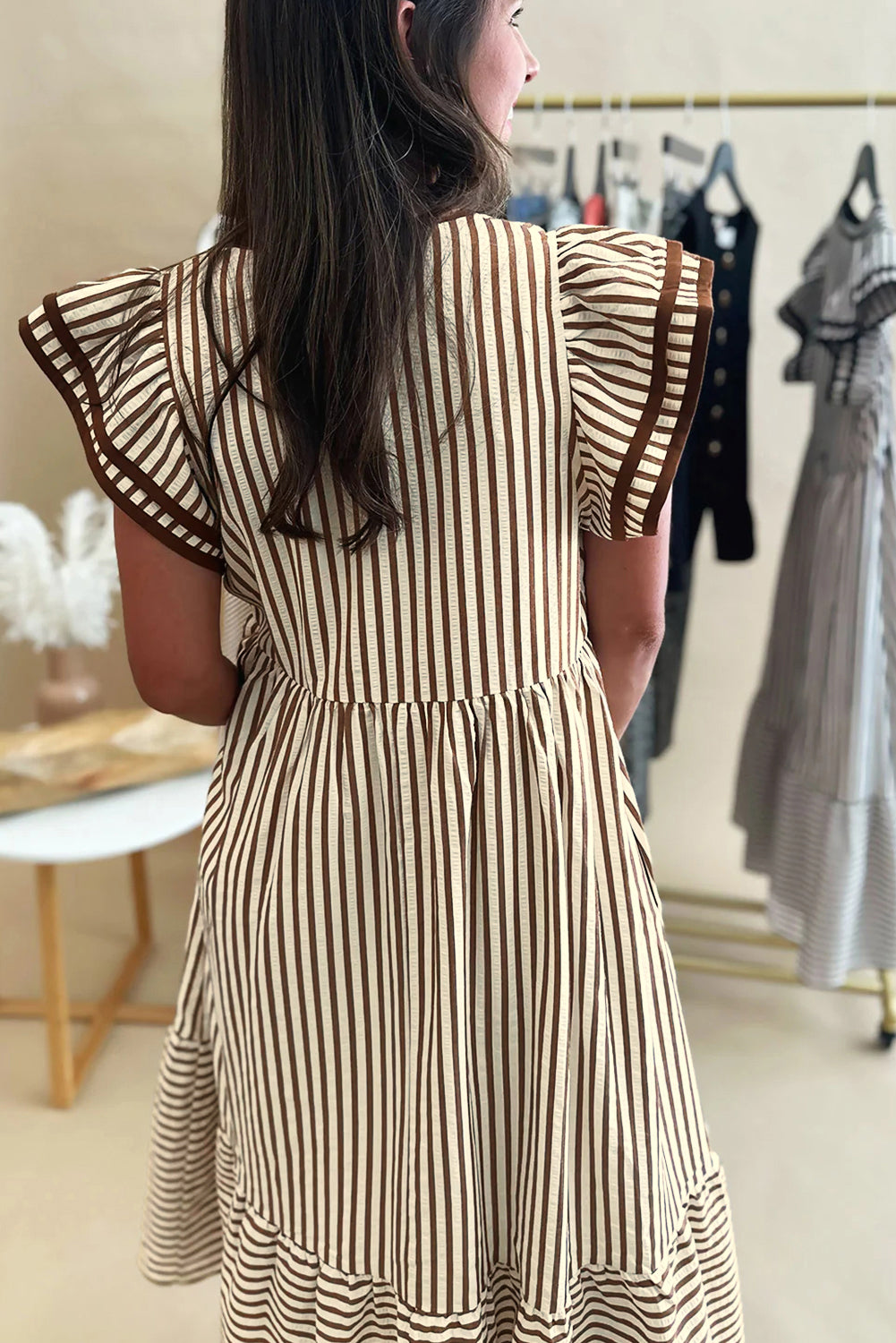 Stripe Double Ruffled Short Sleeve Contrast Trim V Neck Midi Dress