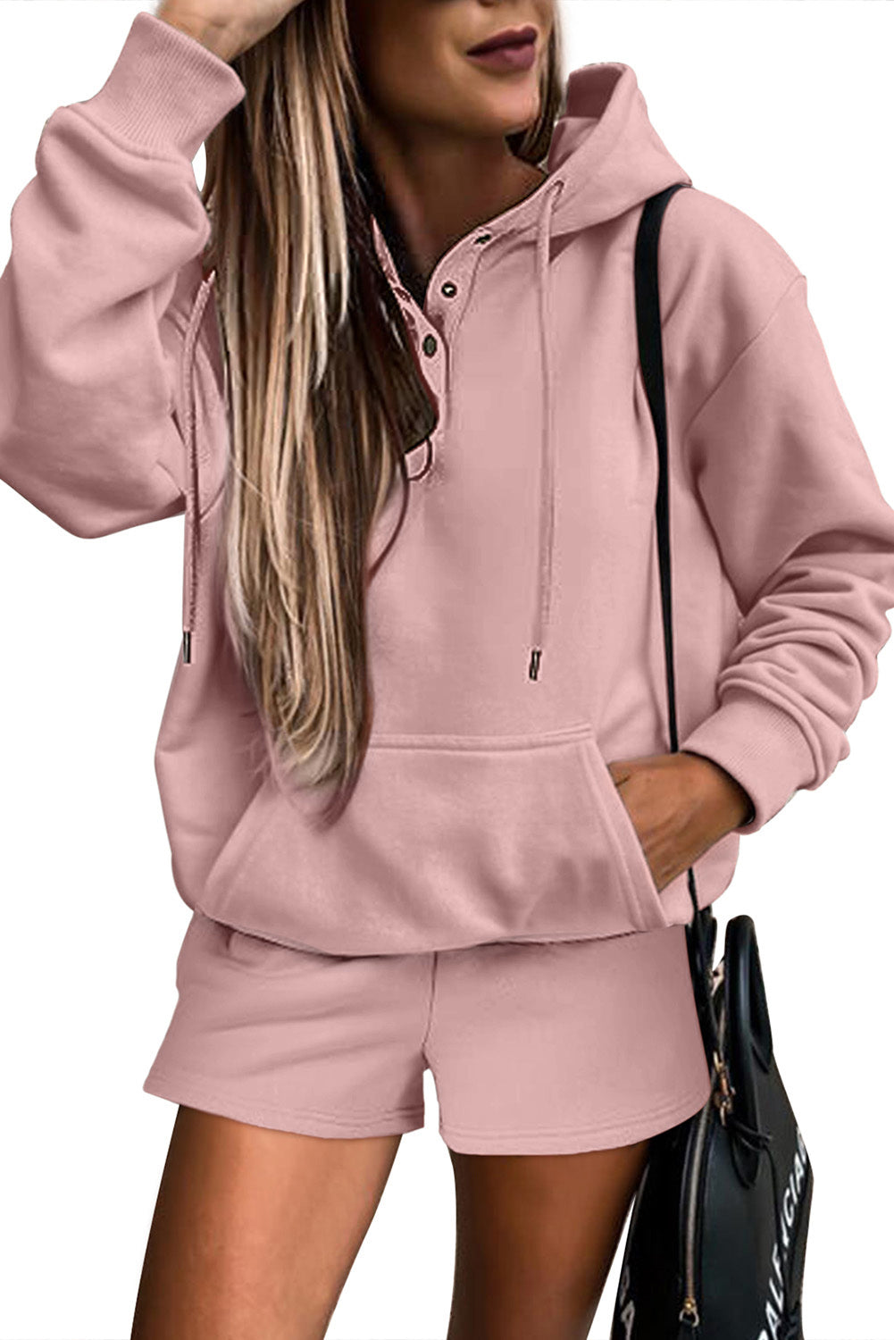 Button Drawstring Hooded Pullover and Casual Short Set
