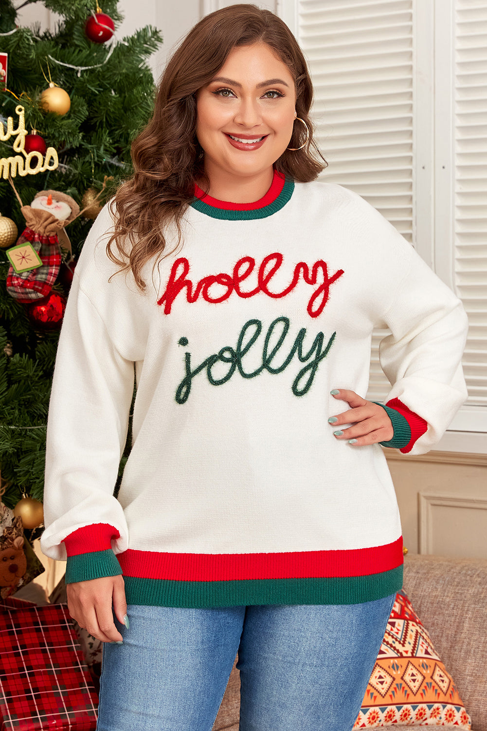 White Tinsel Holly Jolly Pattern Colorblock Drop Shoulder Sweater - Plus Size