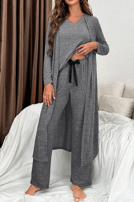 3-Piece V-Neck Lounge Set - Ribbon Knot Pants & Open Duster
