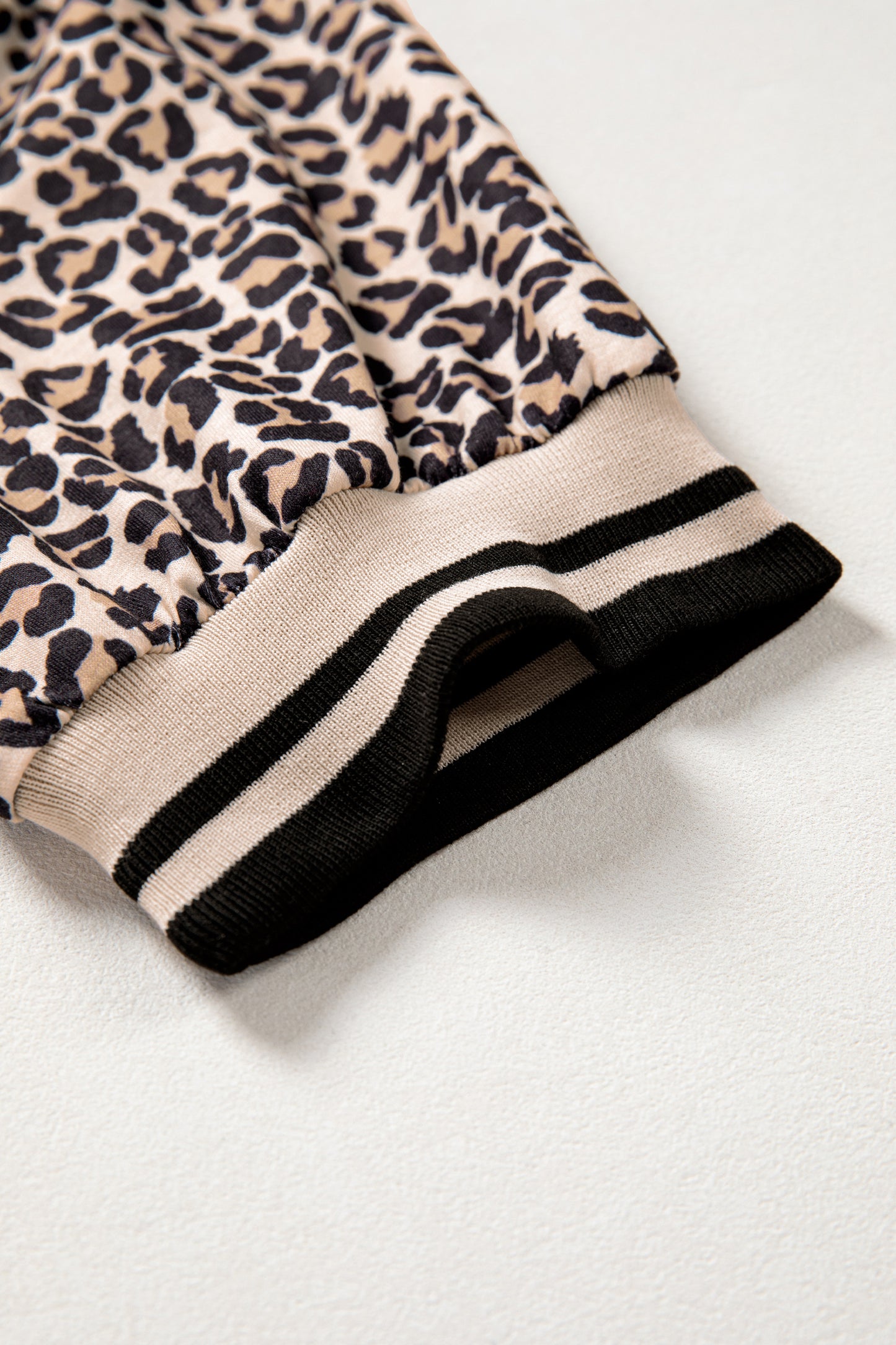 Brown Leopard Print Half Zip Striped Trim Short Sleeve Top