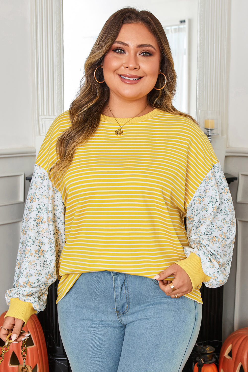 Striped Contrast Floral Sleeve Patchwork Plus Size Loose Top