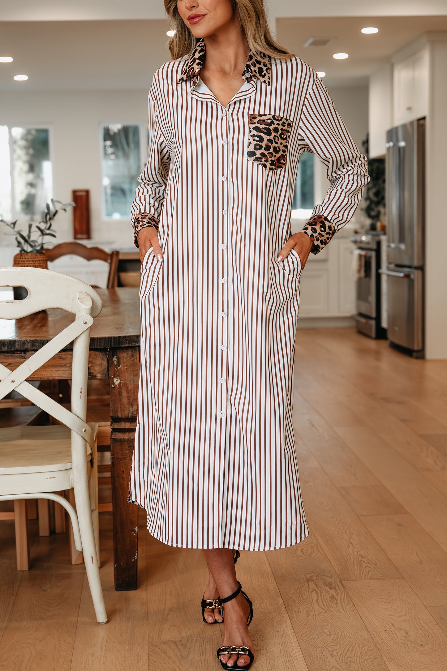 Stripe Contrast Leopard Patchwork Long Shirt Dress with Slits
