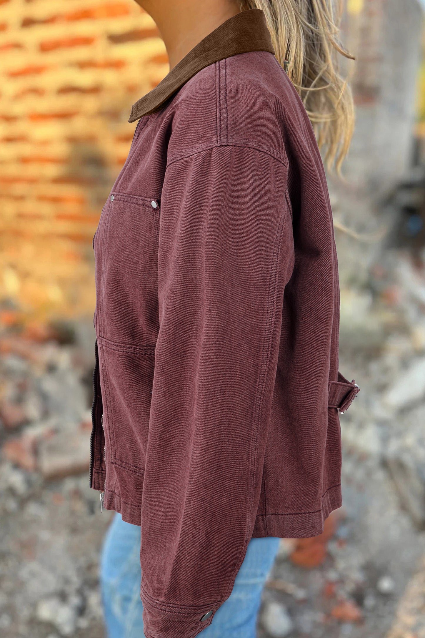 Corduroy Collar Denim Jacket - Zipped Front Coffee Brown