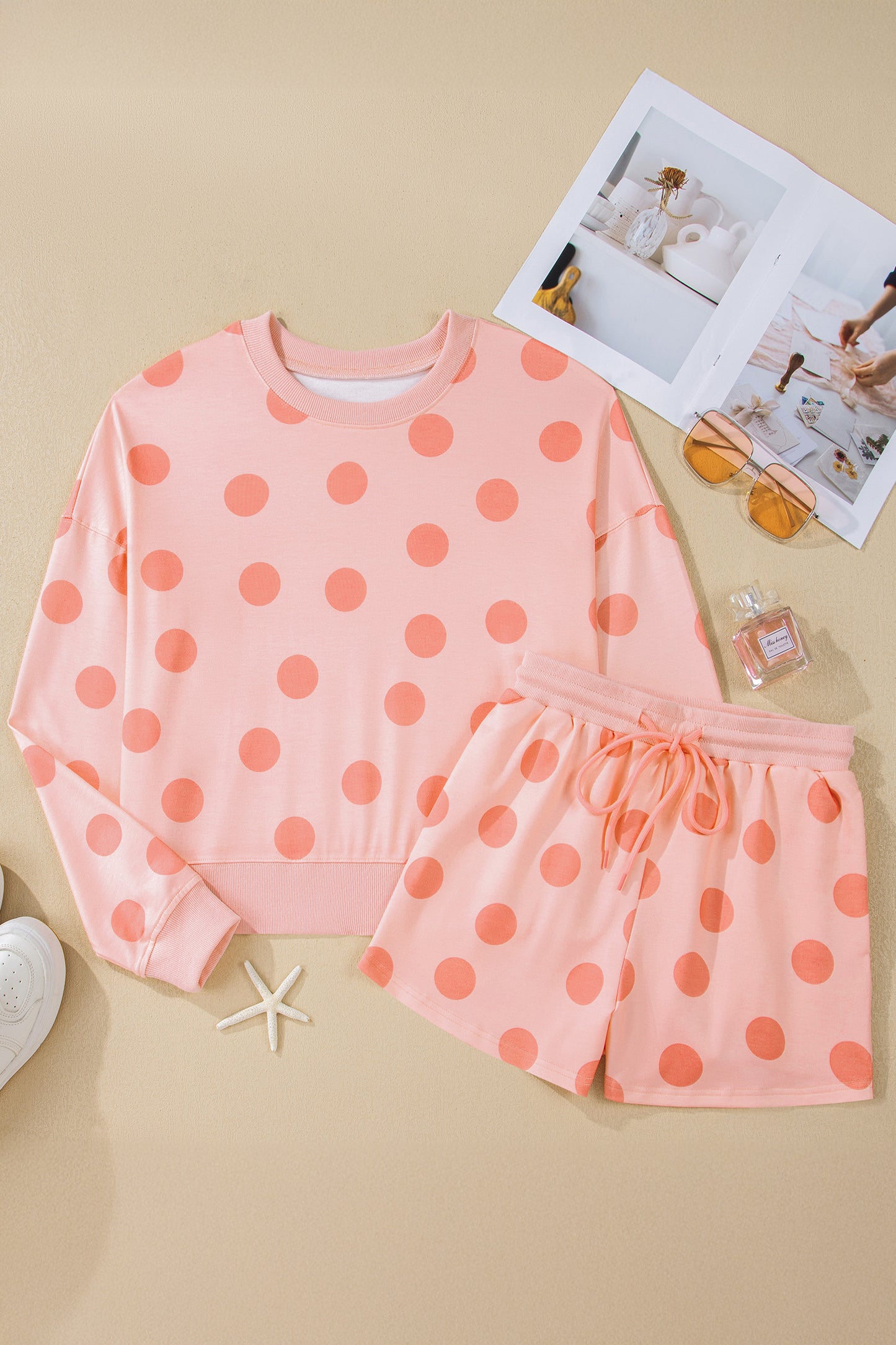 Polka Dot Print Drop Shoulder Pullover & Drawstring Shorts Set
