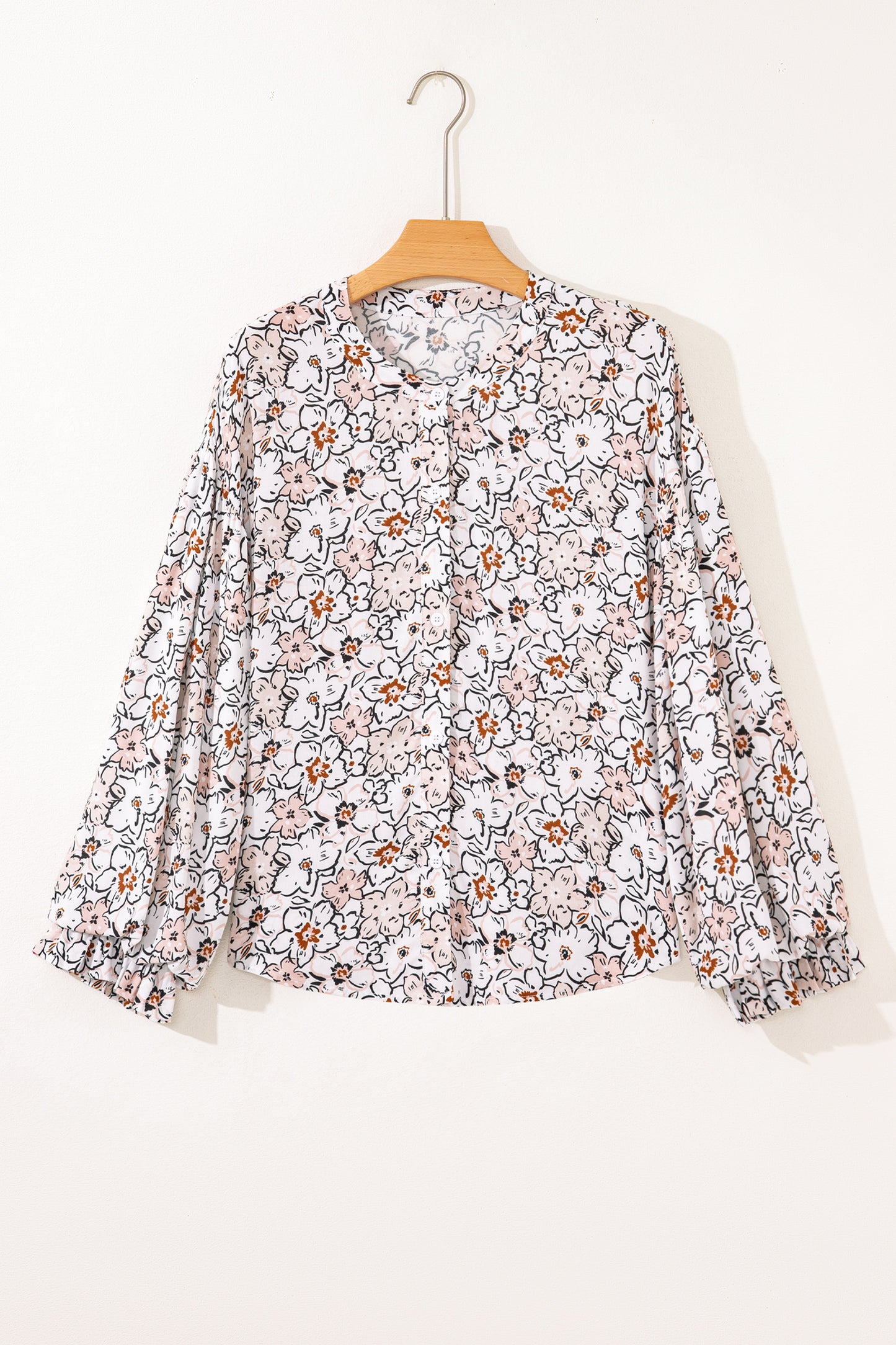 Bold Floral Print Frilled Puff Sleeve Button Down Shirt - Khaki