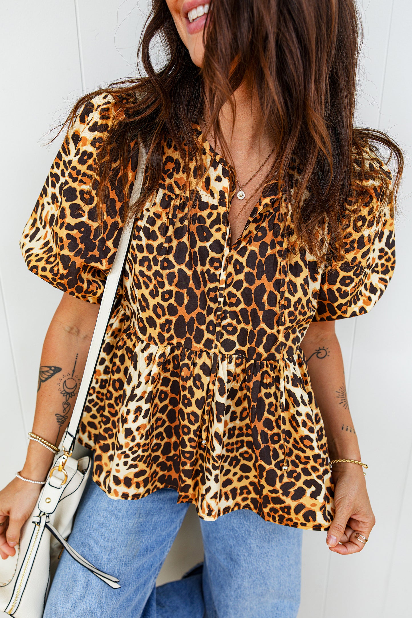 Leopard Print Short Puff Sleeve Slit Neck Babydoll Blouse