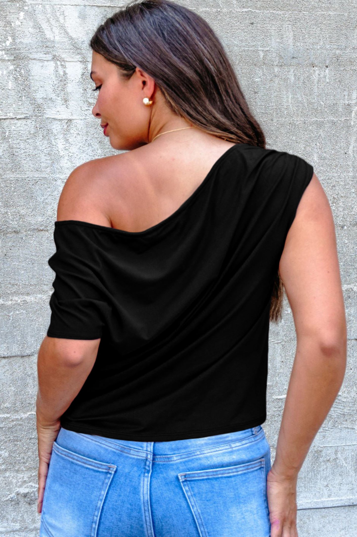 Black Asymmetric Neck Short Sleeve Blouse - Plus Size