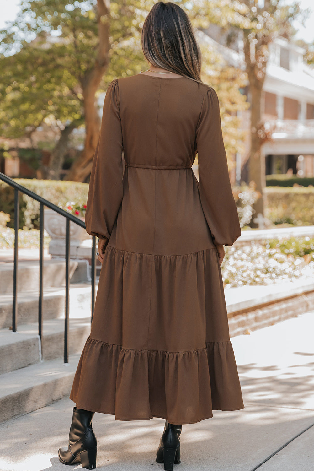 Solid Long Sleeve Button V Neck Tiered Maxi Dress