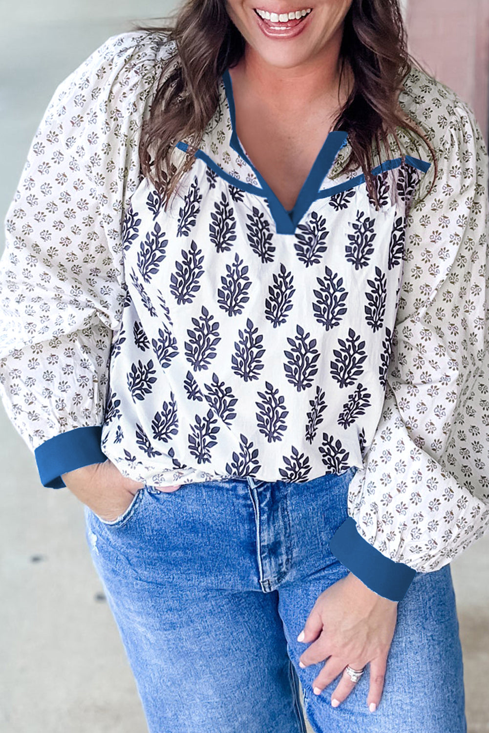 Boho Floral Print Contrast Trim Split Neck Puff Sleeve Patchwork Blouse