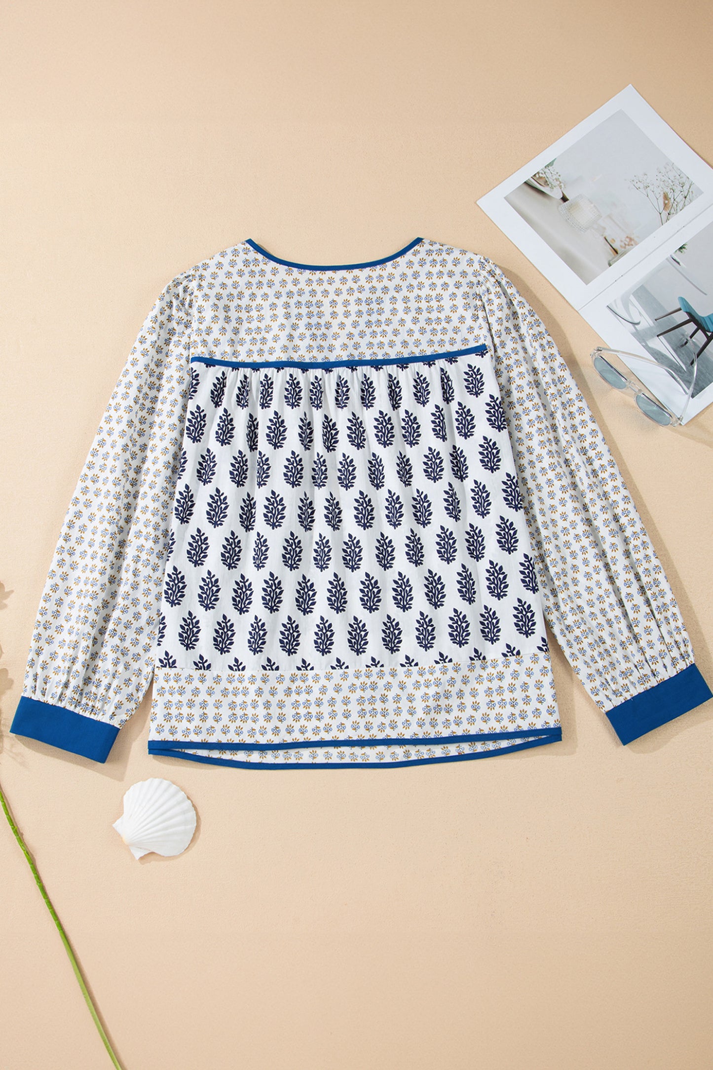 Boho Floral Print Contrast Trim Split Neck Puff Sleeve Patchwork Blouse