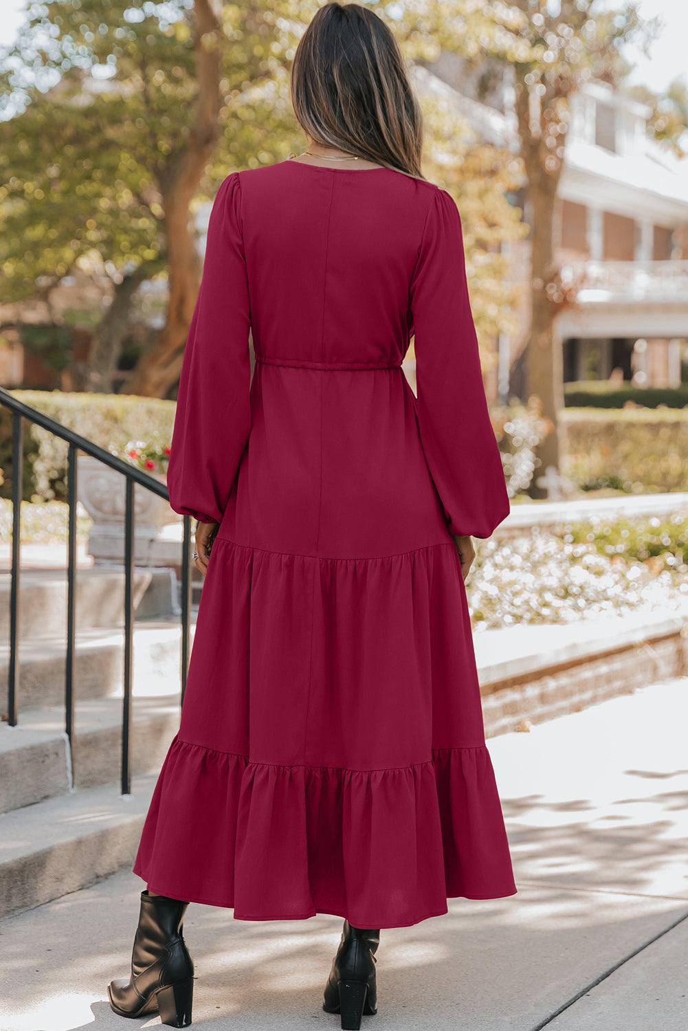 Solid Long Sleeve Button V Neck Tiered Maxi Dress