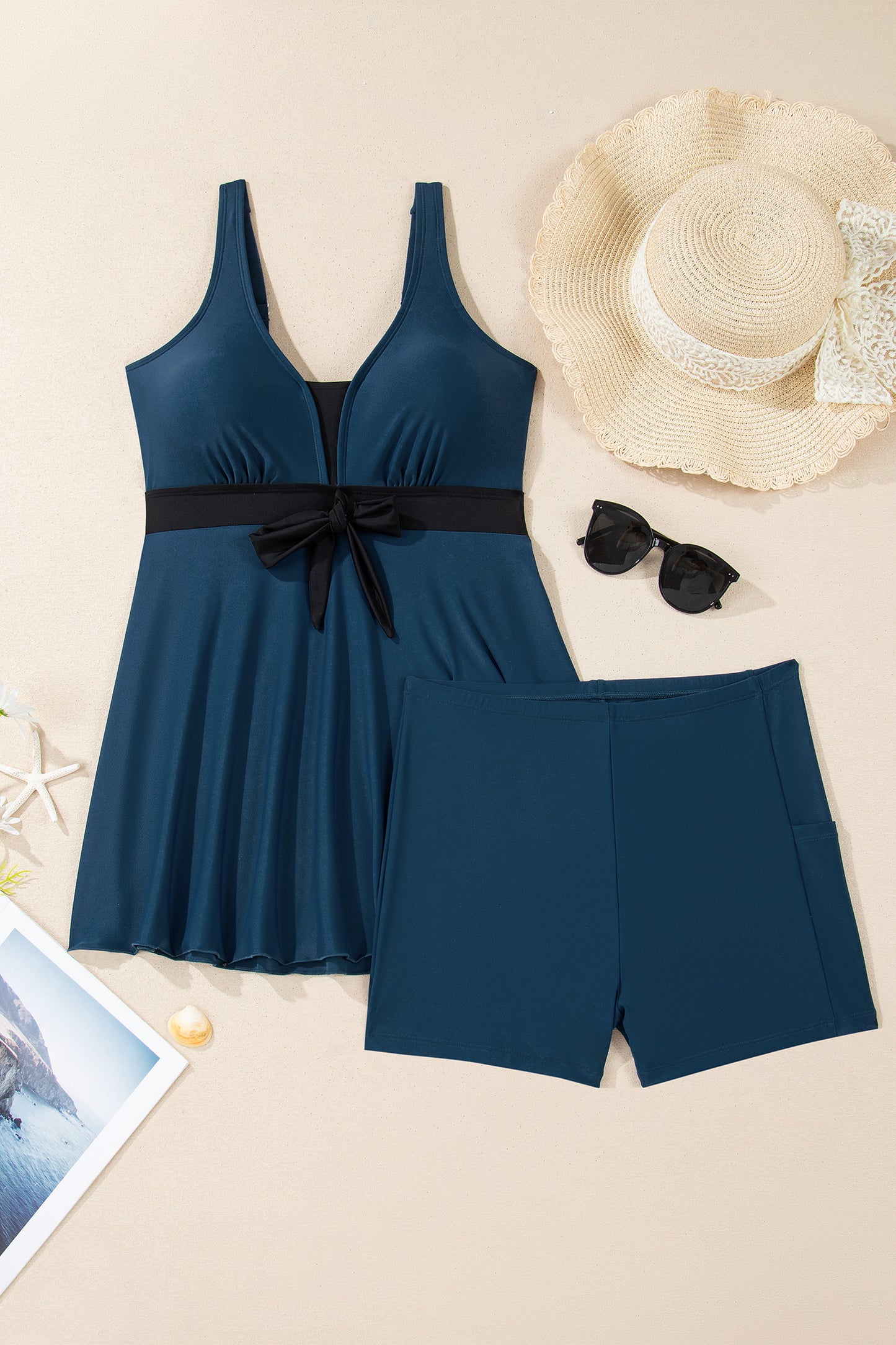 Color Block Patchwork Bow Knot Detail Sleeveless Swim Dress