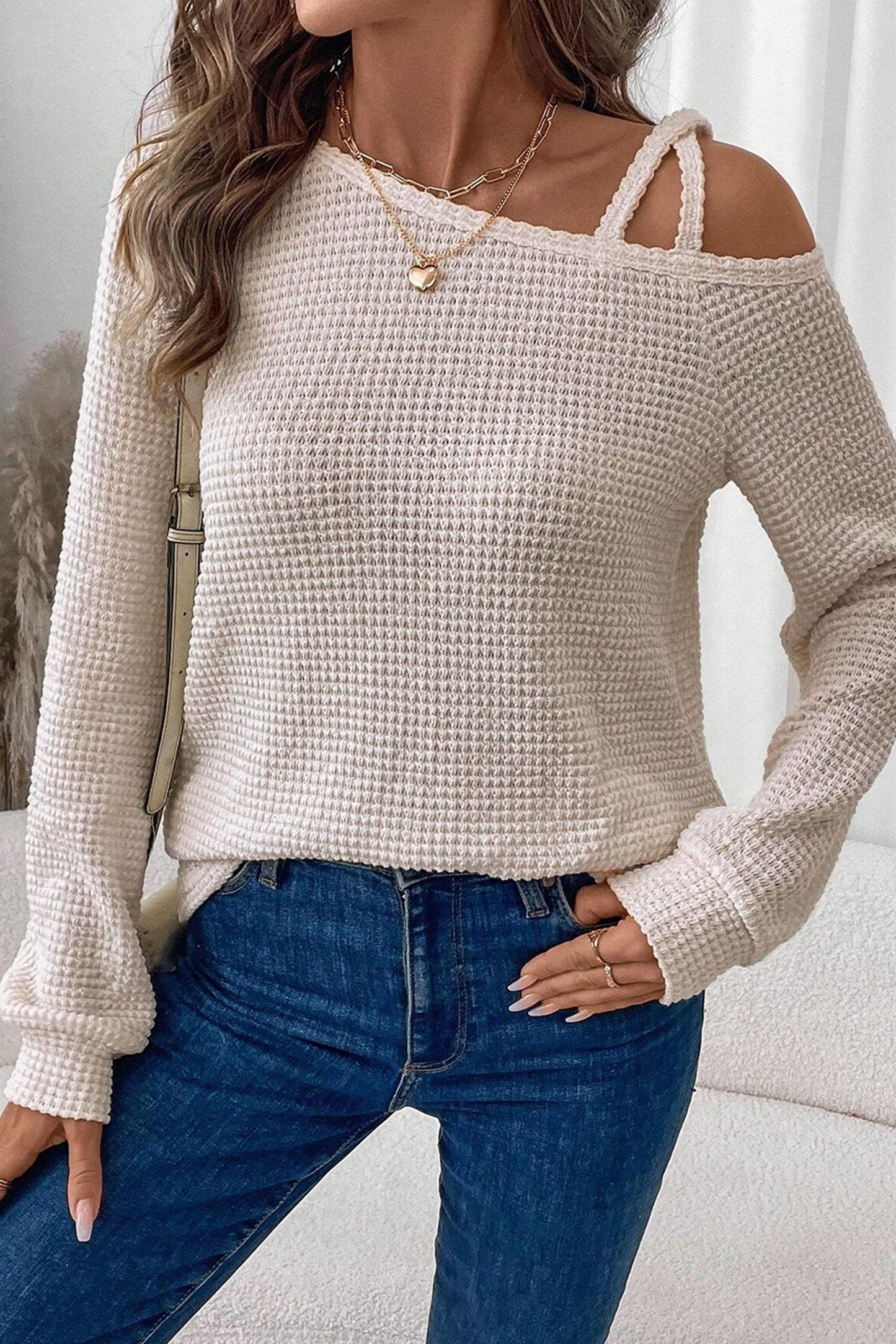 Solid Color Textured Knit Asymmetric Shoulder Long Sleeve Top