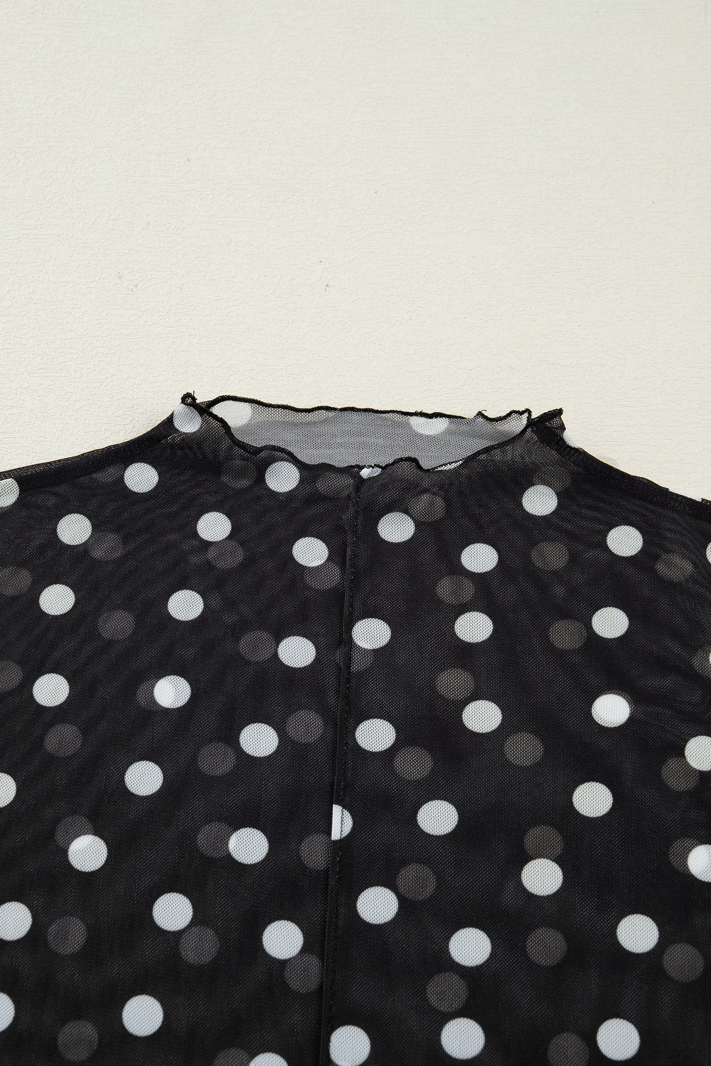 Polka Dot Patterned Bodycon Mock Neck Mesh Long Sleeve Top
