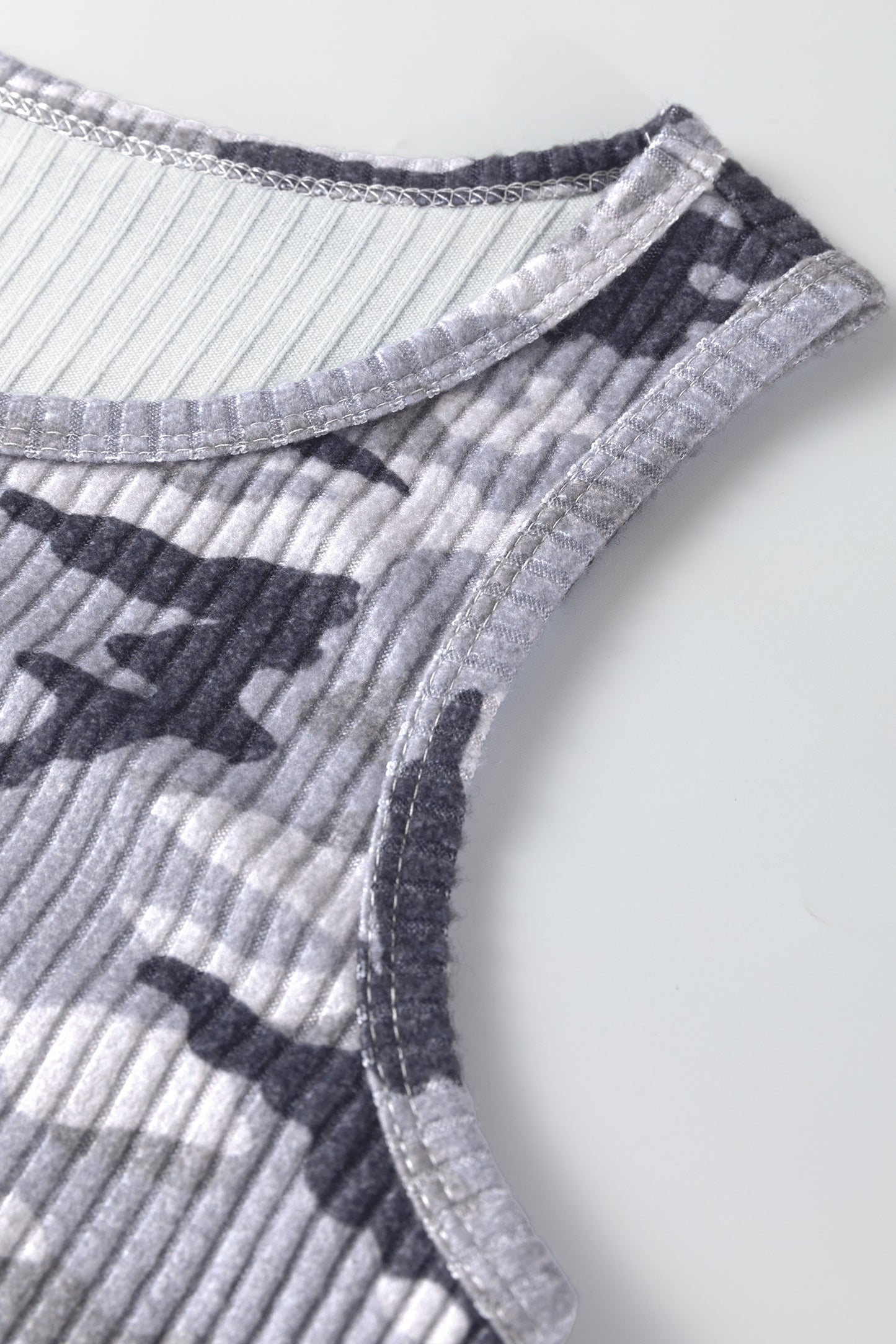 Green Camouflage Print Ribbed Knit Round Neck Tank Top