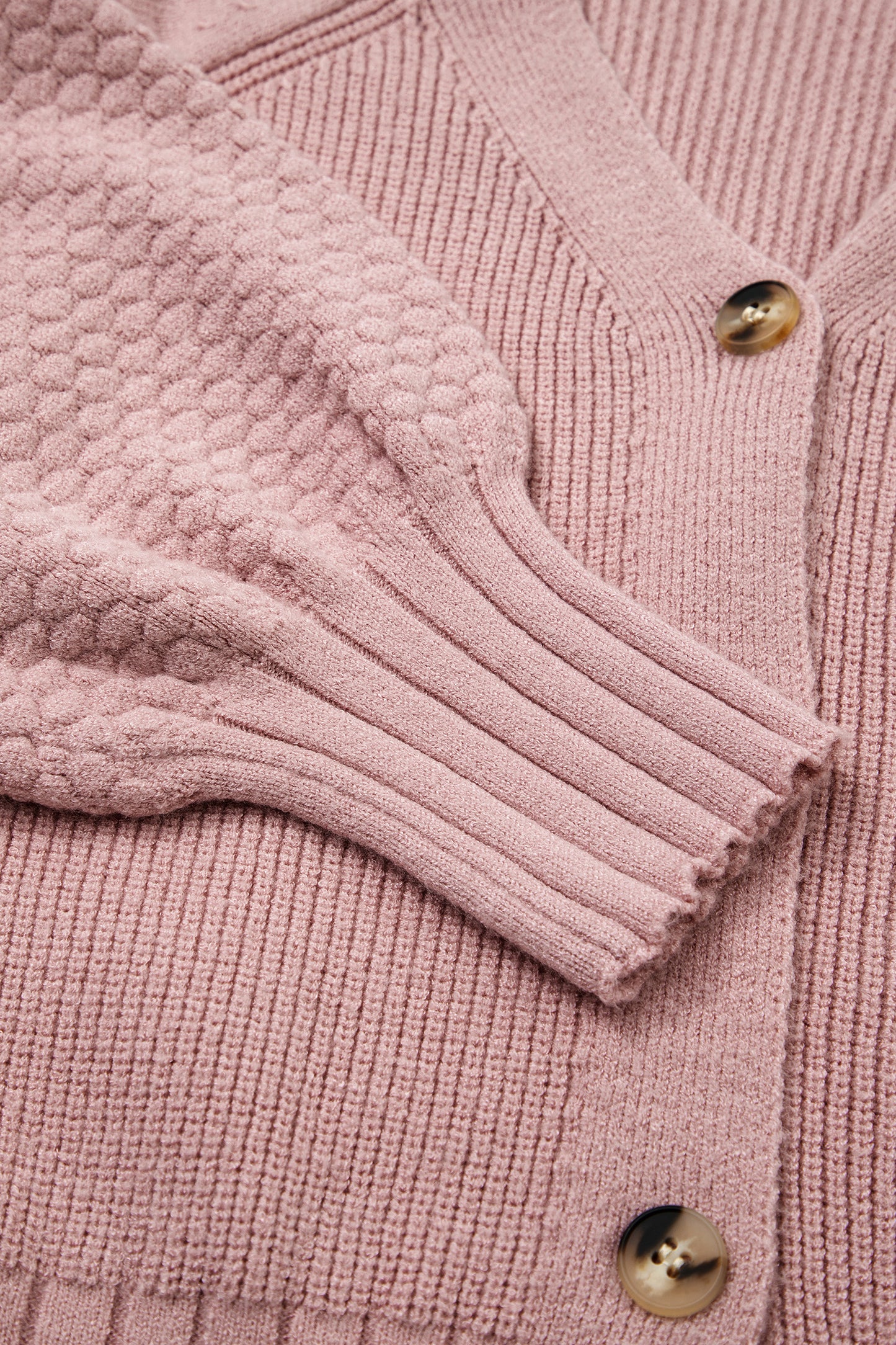 Mixed Texture Knit Button V-Neck Sweater Cardigan - Light Pink