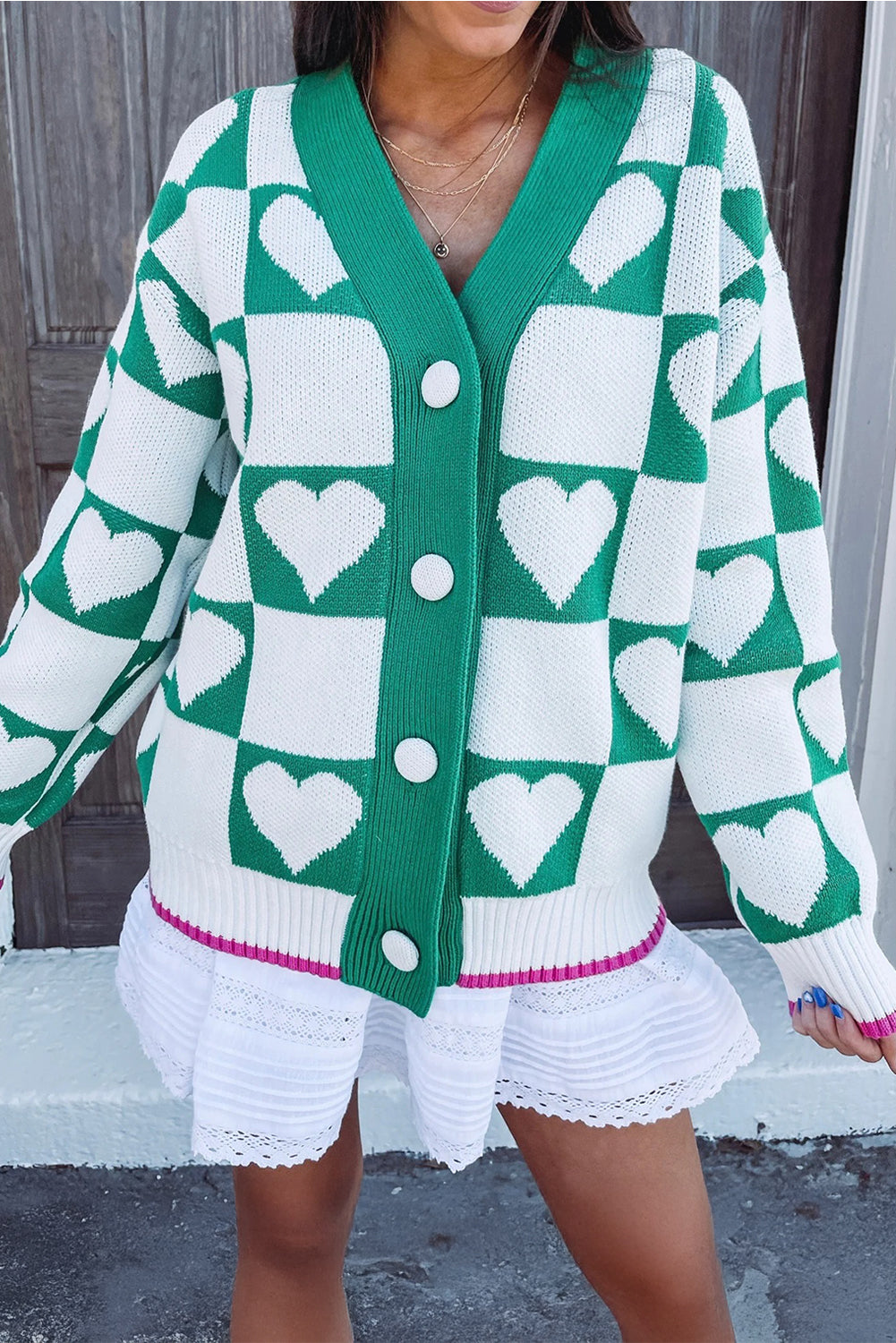 Plaid Heart Knit V Neck Button Down Sweater Cardigan