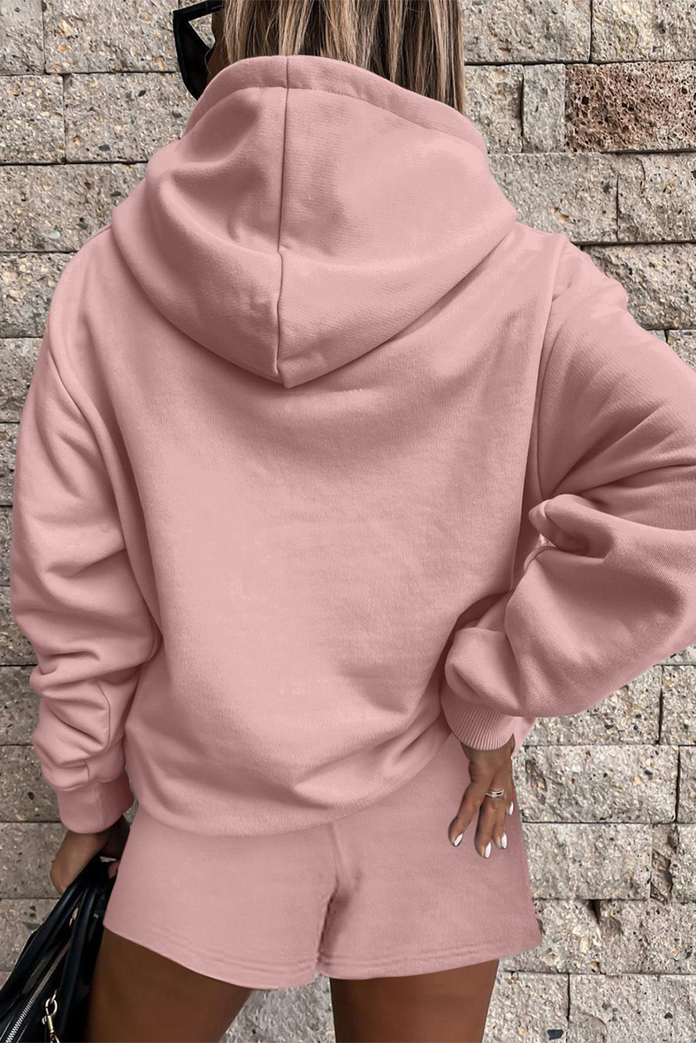 Button Drawstring Hooded Pullover and Casual Short Set