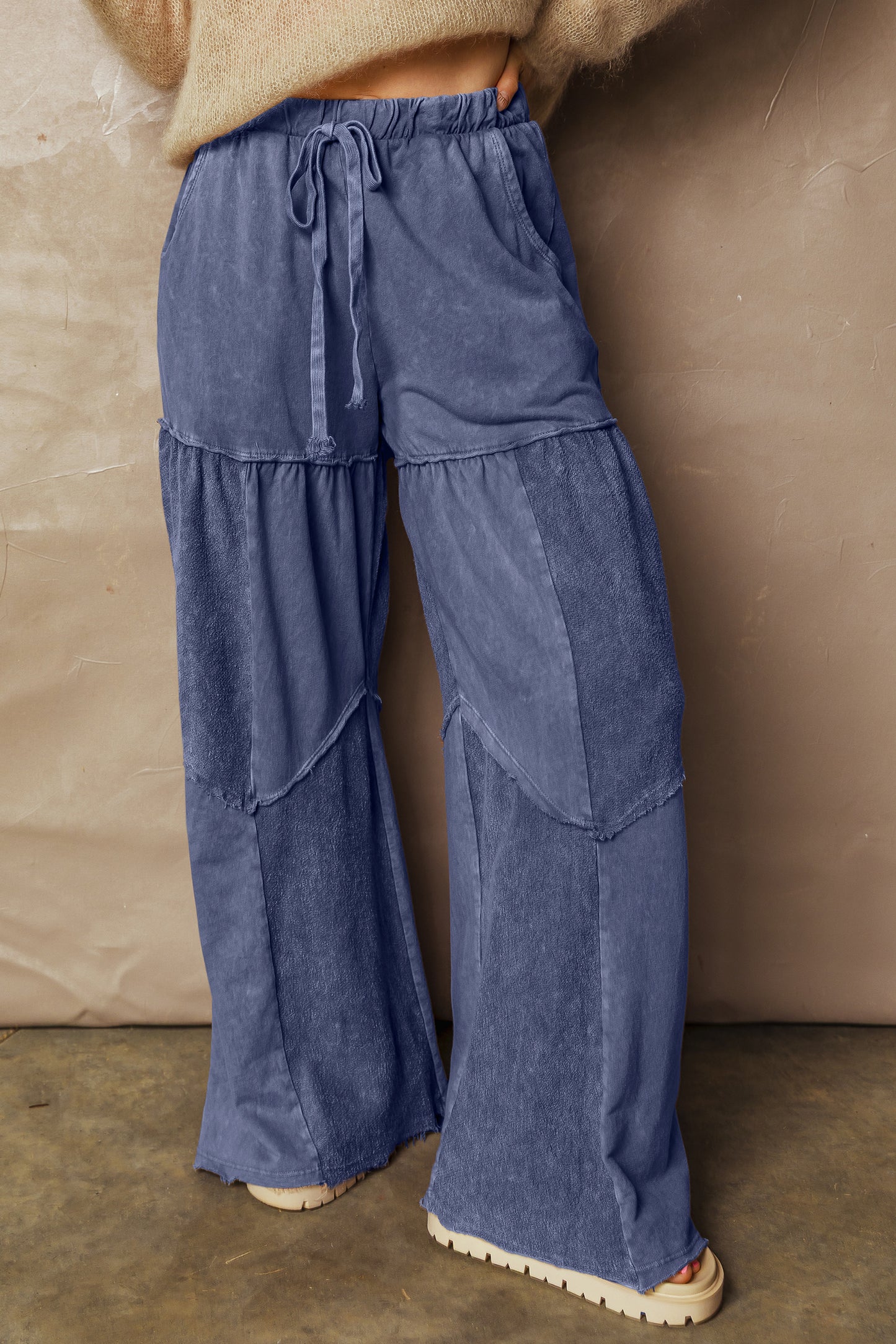 Mineral Wash Tiered Wide Leg Patchwork Drawstring Pants