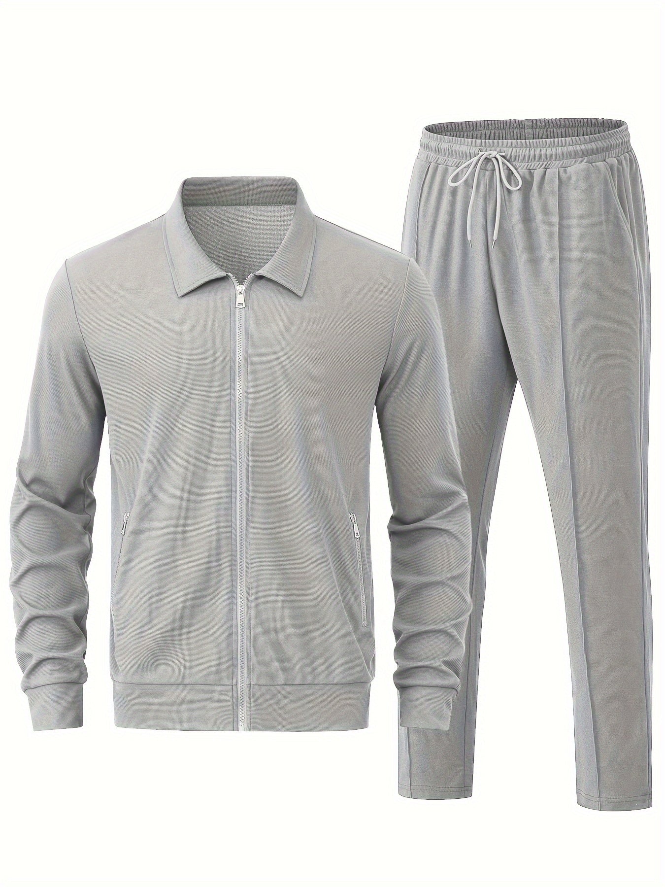 Men's Solid Waffle 2Pcs Athletic Outfit, Zip-up Jacket & Trousers Co ord Set