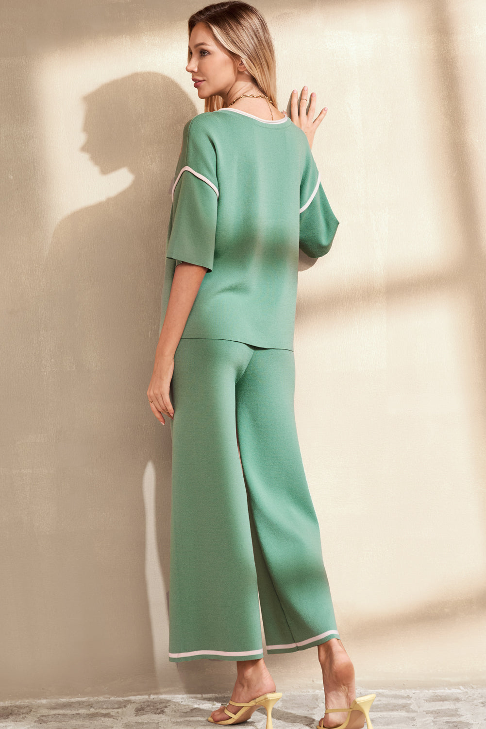 Contrast Trim Half Sleeve Top & Drawstring Pants Sweater Set