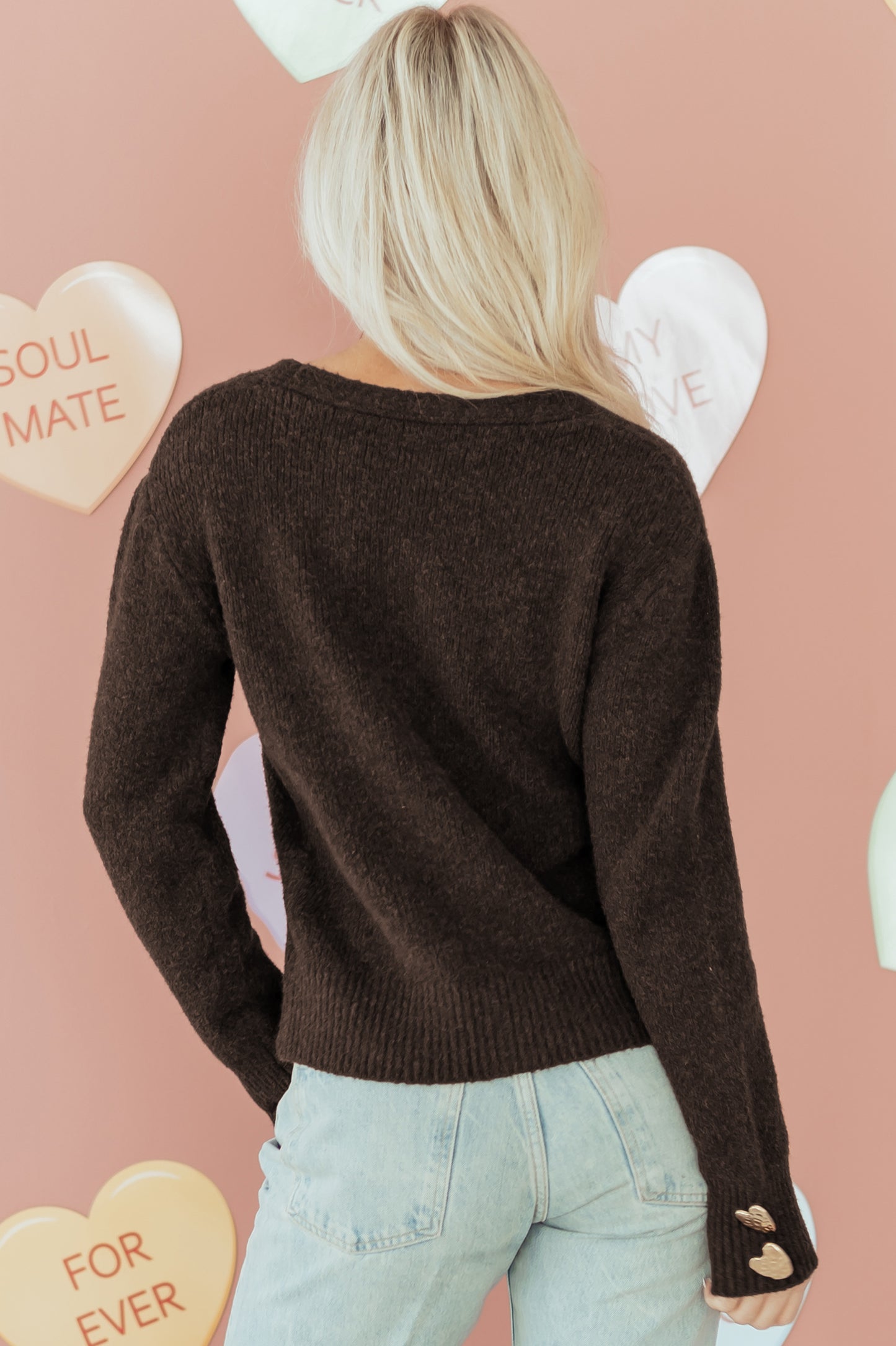 Heart Metal Button V-Neck Cardigan Sweater