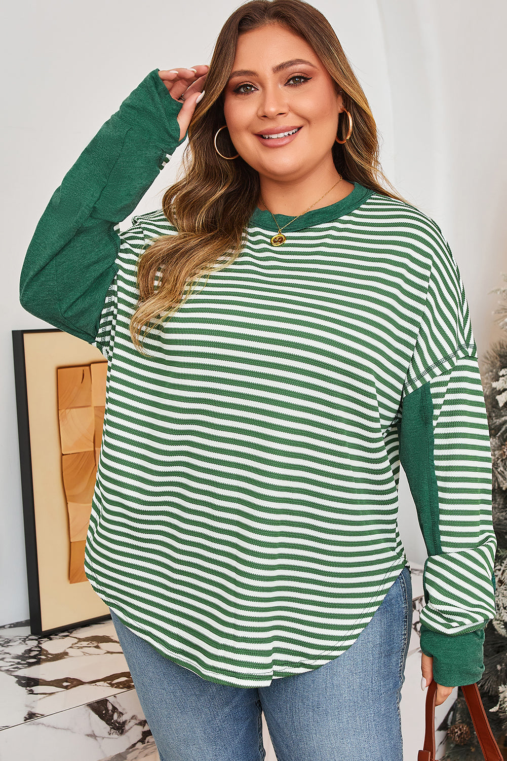 Stripe Exposed Seam Patchwork Plus Size Thermal Top