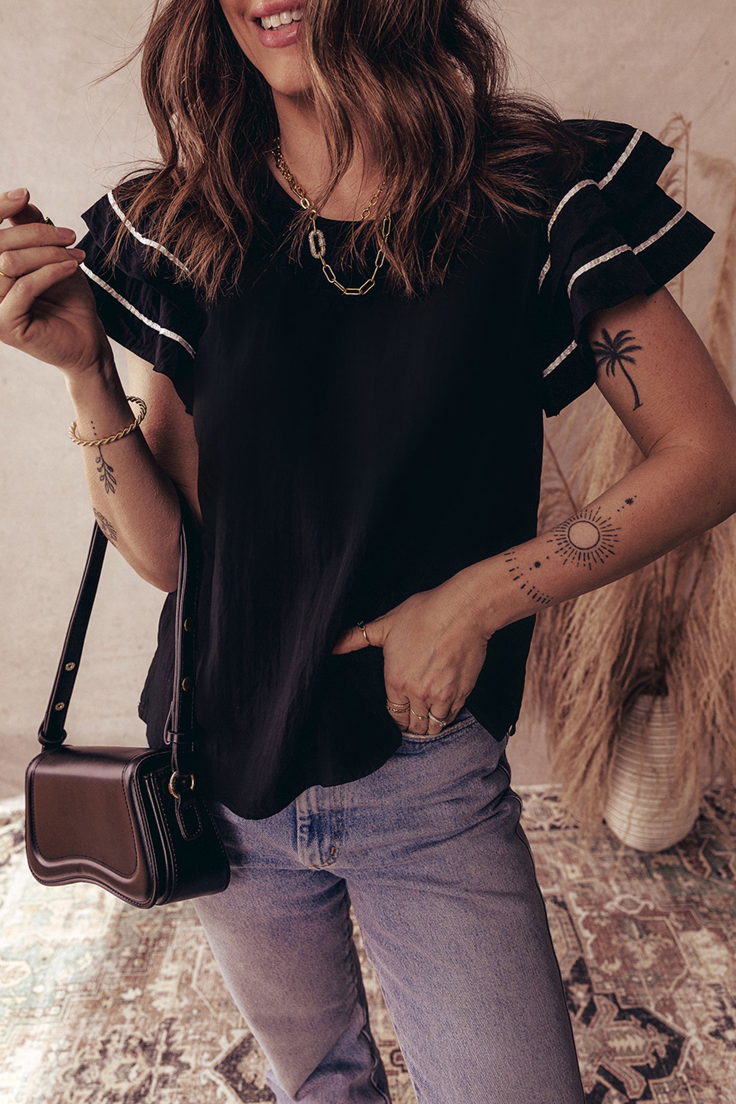 Contrast Trim Dual Ruffle Short Sleeve Textured Blouse