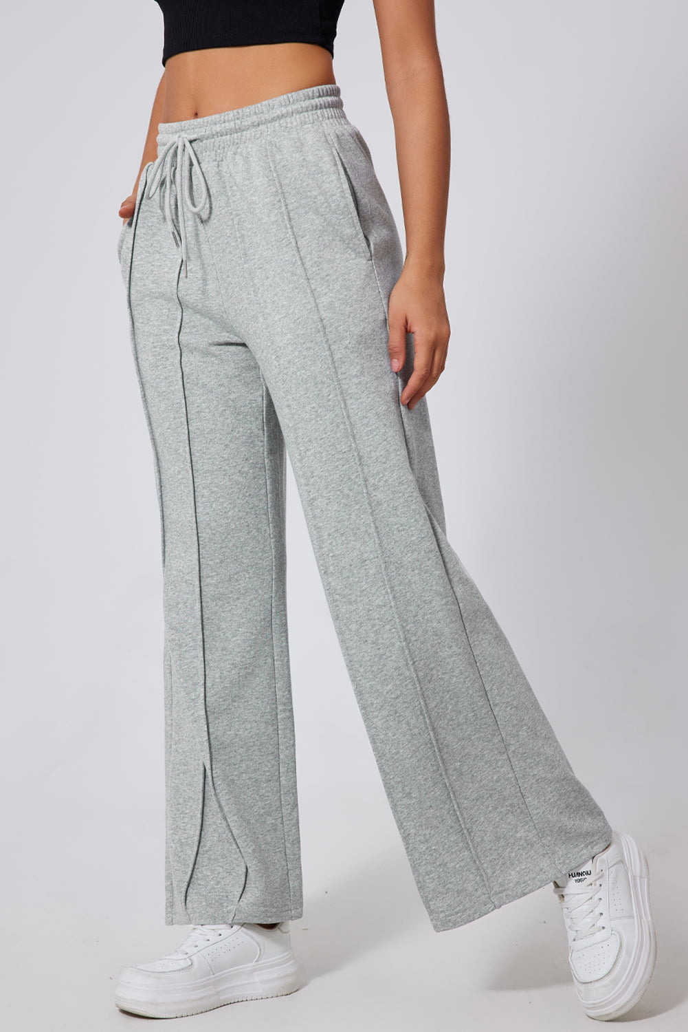 Grey Seamed Drawstring High Waist Wide Leg Sweatpants
