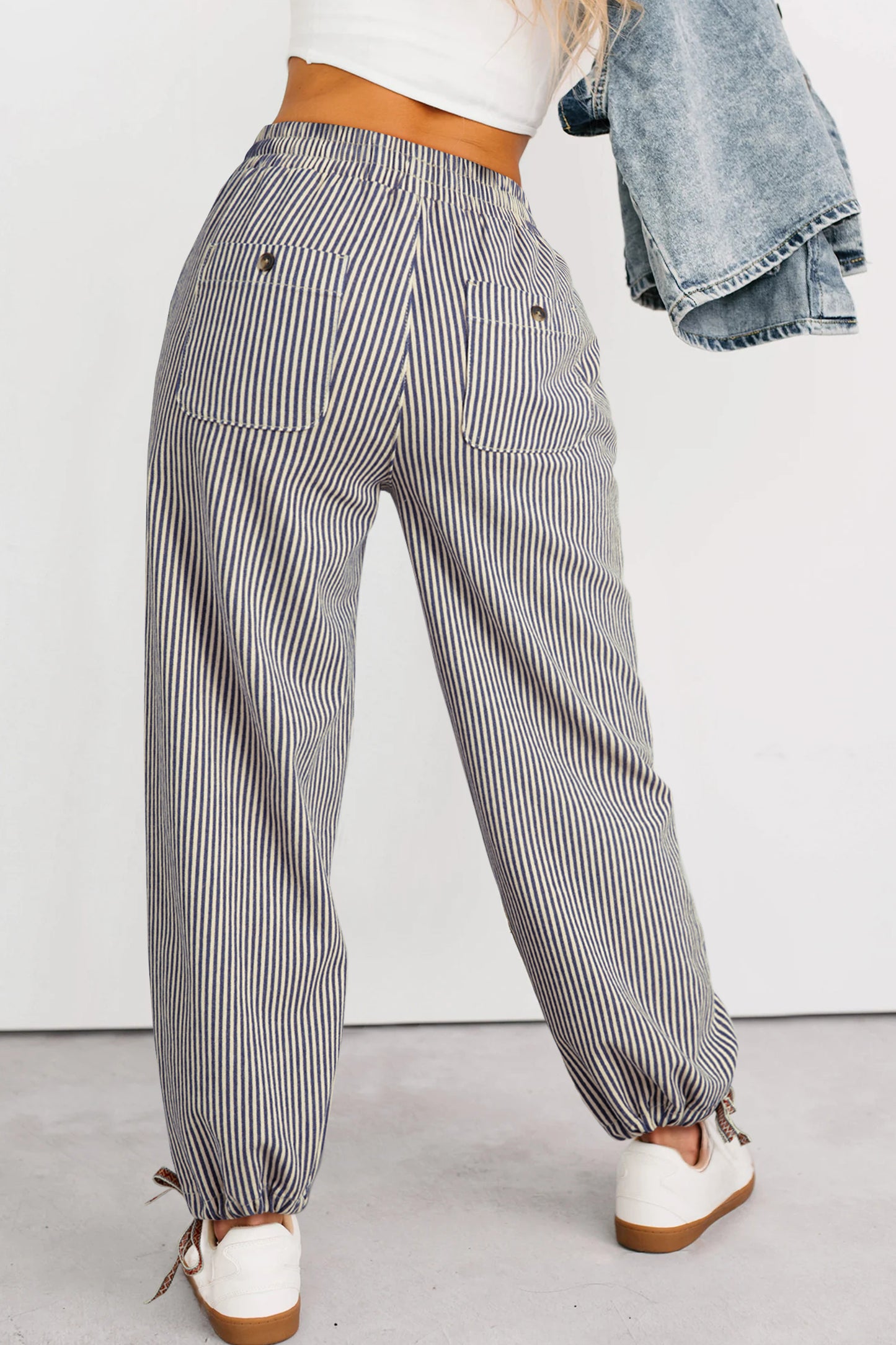 Stripe Button Patch Pocket Drawstring Loose Pants - Khaki