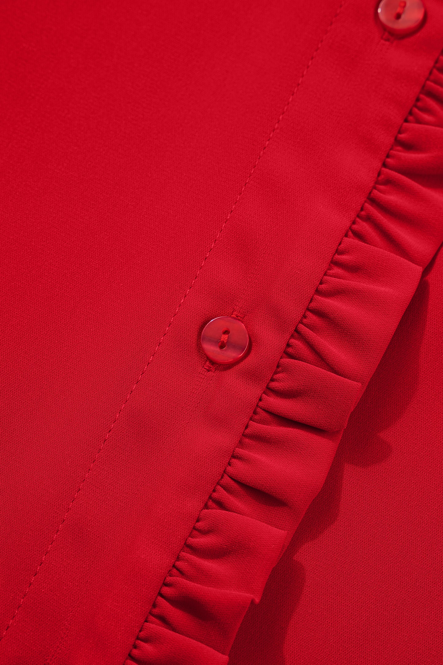 Fiery Red Frilled Trim Button Up Pleated Long Sleeve Shirt
