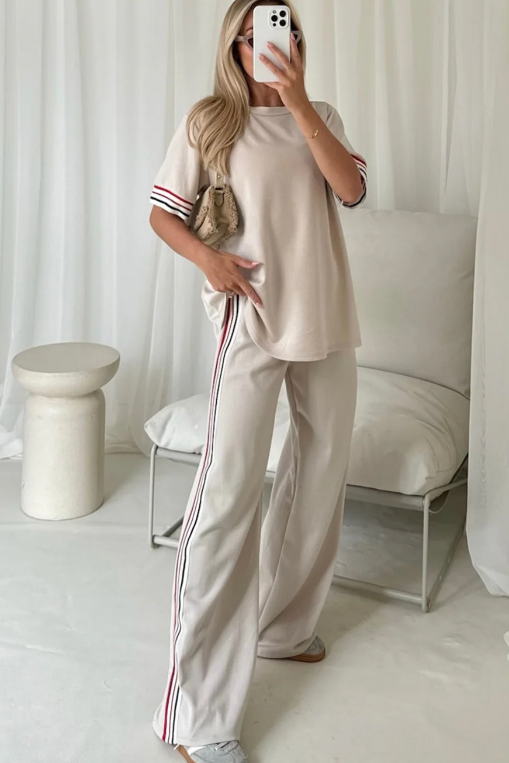 Contrast Striped Trim Crewneck T Shirt Loose Straight Pants Set