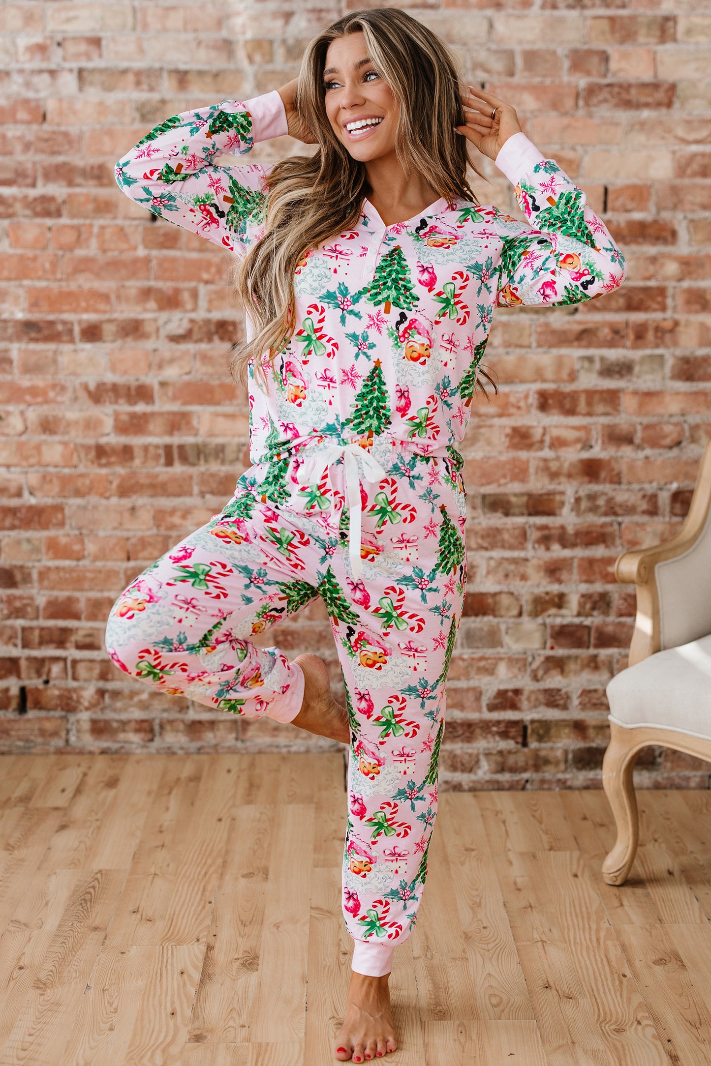 Pink Christmas Pattern Button V Neck Pullover and Drawstring Pants Lounge Set