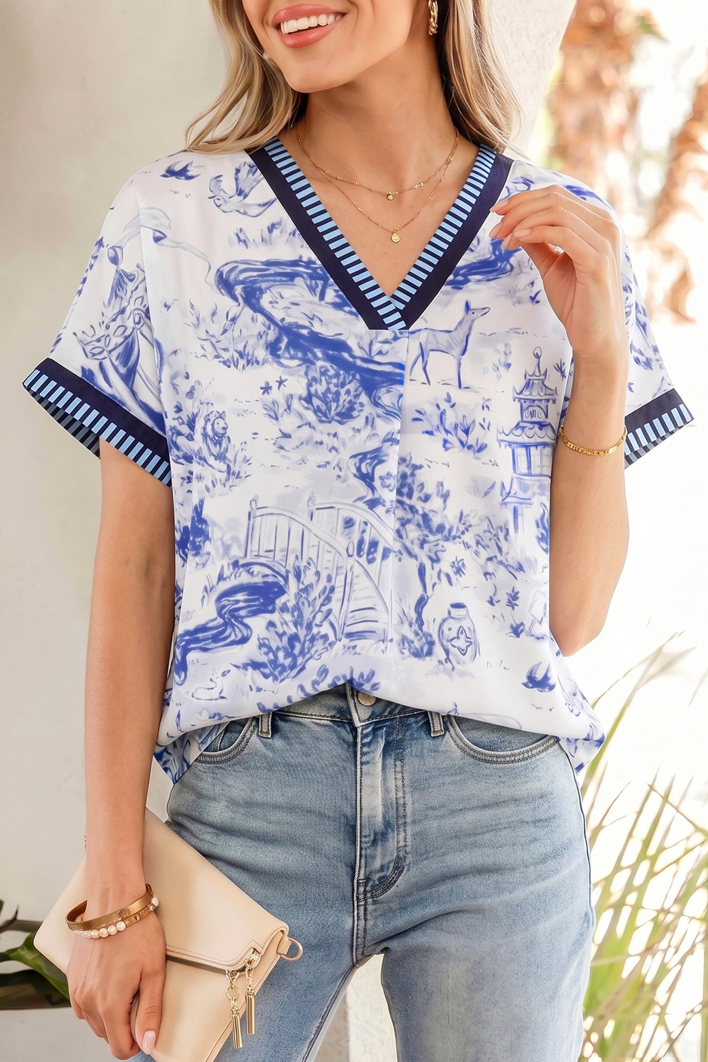 Blue Animal Print Striped Trim V-Neck Blouse