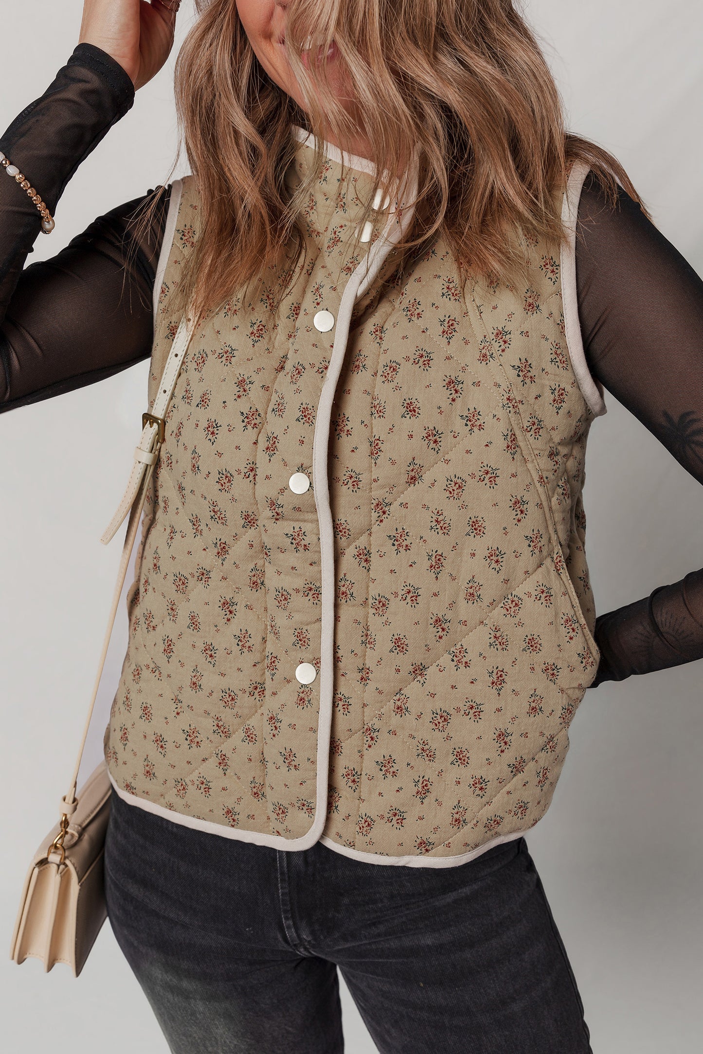Floral Print Quilted Concealed Button Vest