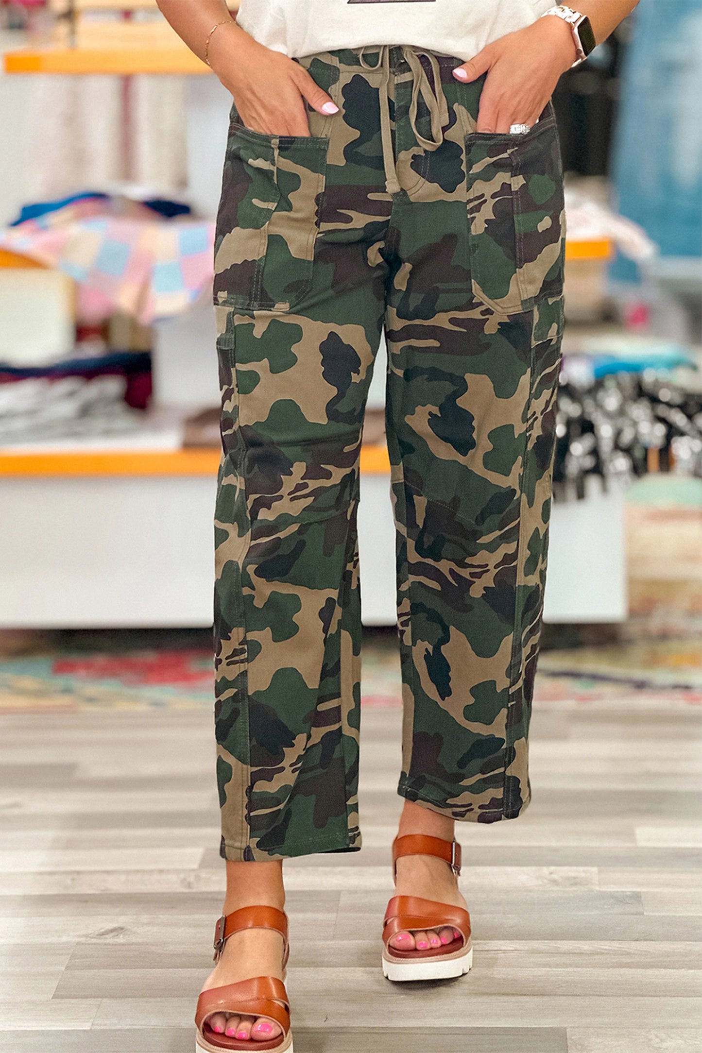Camouflage Print Drawstring Patch Pocket Barrel Jeans