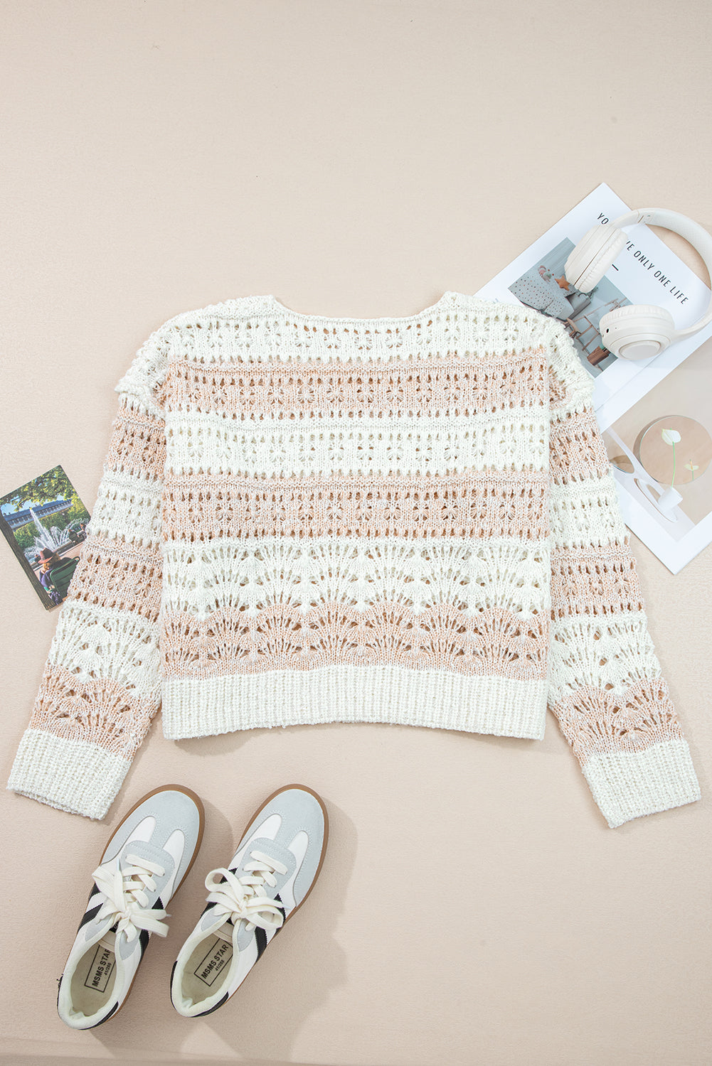 Pink Hollow-Out Colourblock Drop Shoulder Casual Sweater
