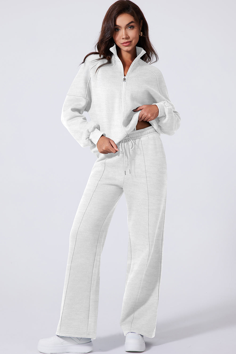Drop Shoulder Zip Up Jacket & Drawstring Pants Active 2-Piece Set