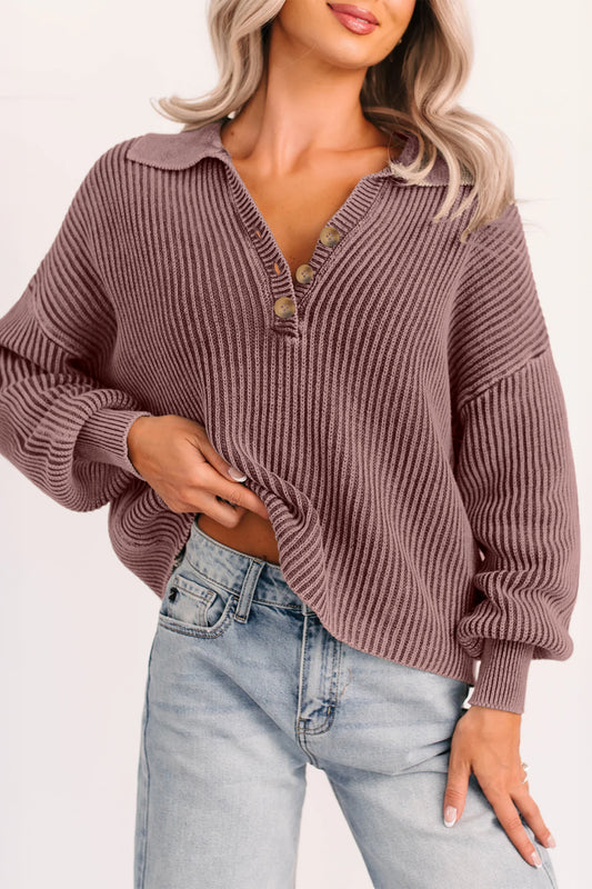 Mineral Washed Knit Button Polo Collar Loose Sweater - Dark Brown