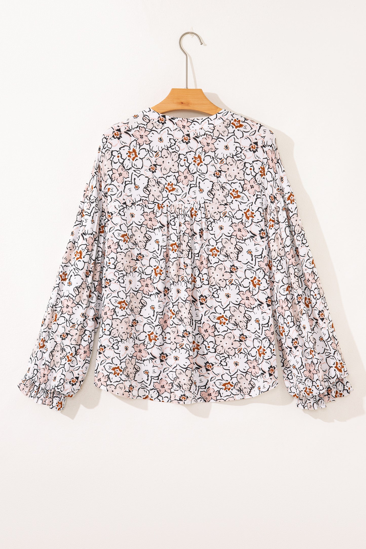 Bold Floral Print Frilled Puff Sleeve Button Down Shirt - Khaki