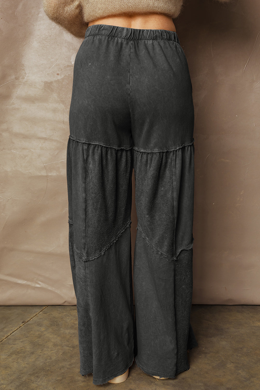 Mineral Wash Tiered Wide Leg Patchwork Drawstring Pants
