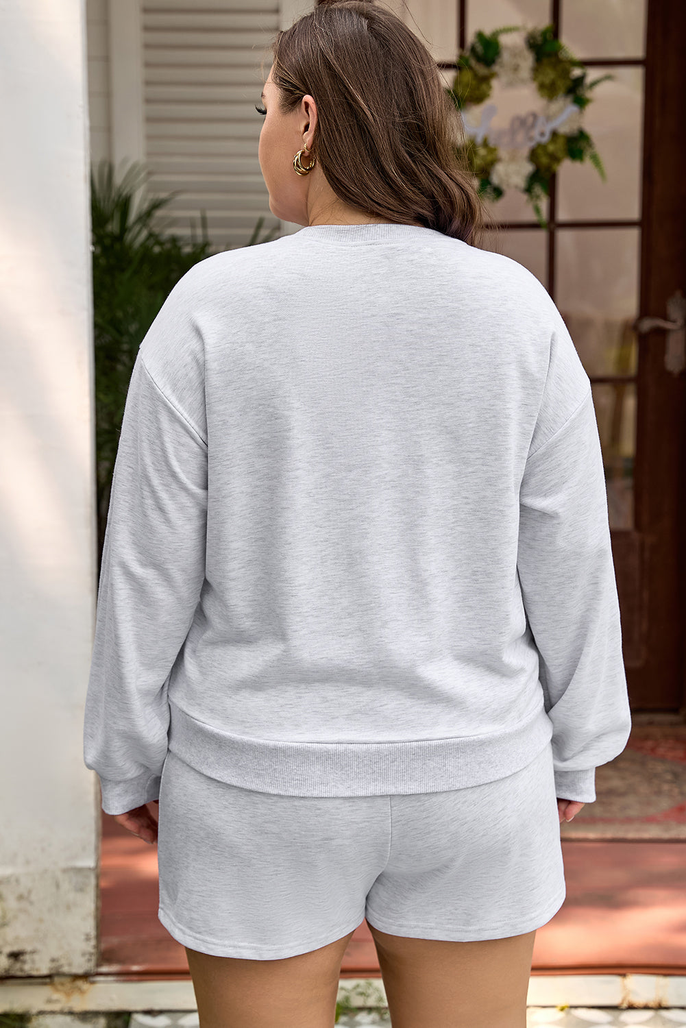 Light Grey Bow Embroidered Puff Sleeve Pullover & Shorts Set - Plus Size