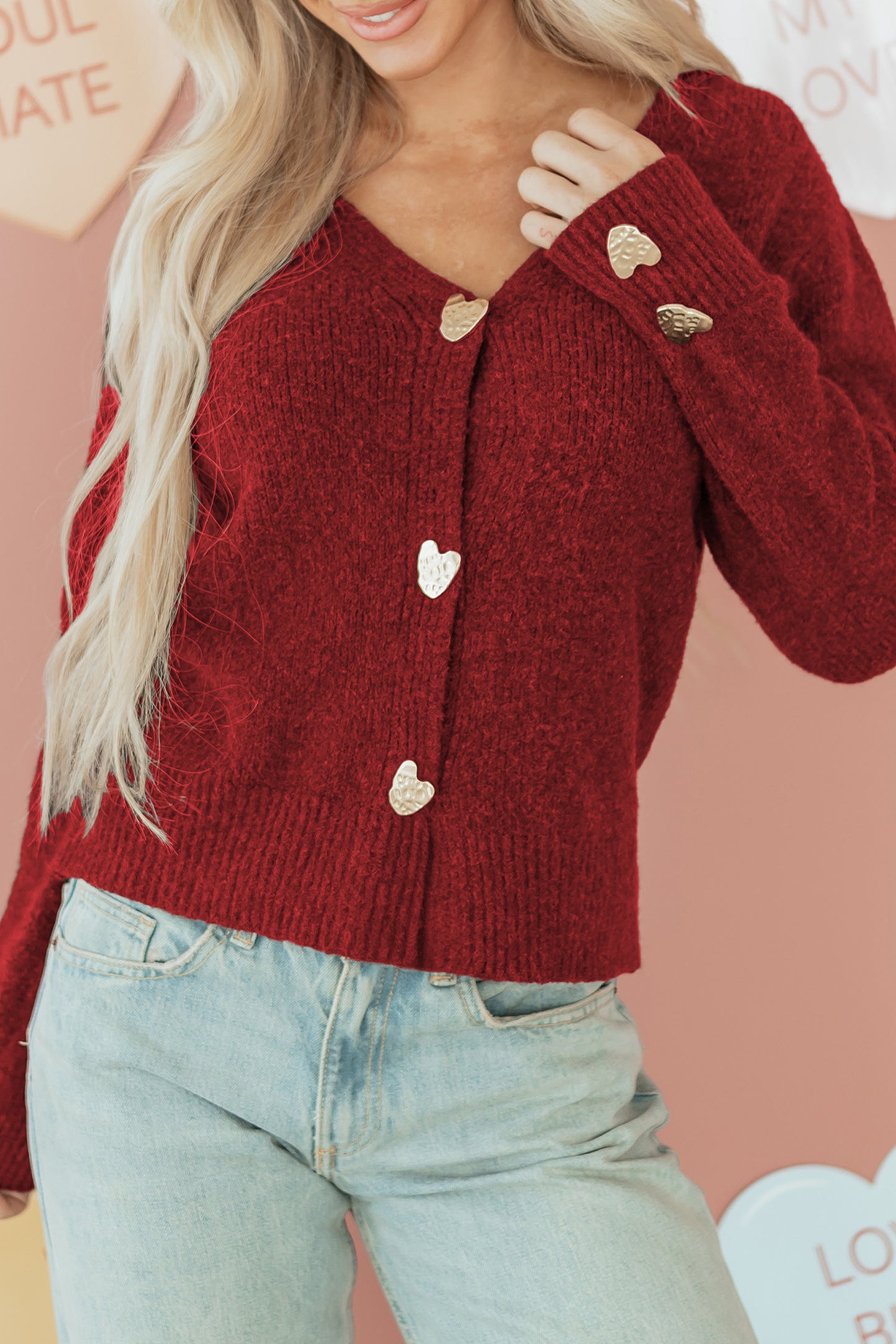 Heart Metal Button V-Neck Cardigan Sweater