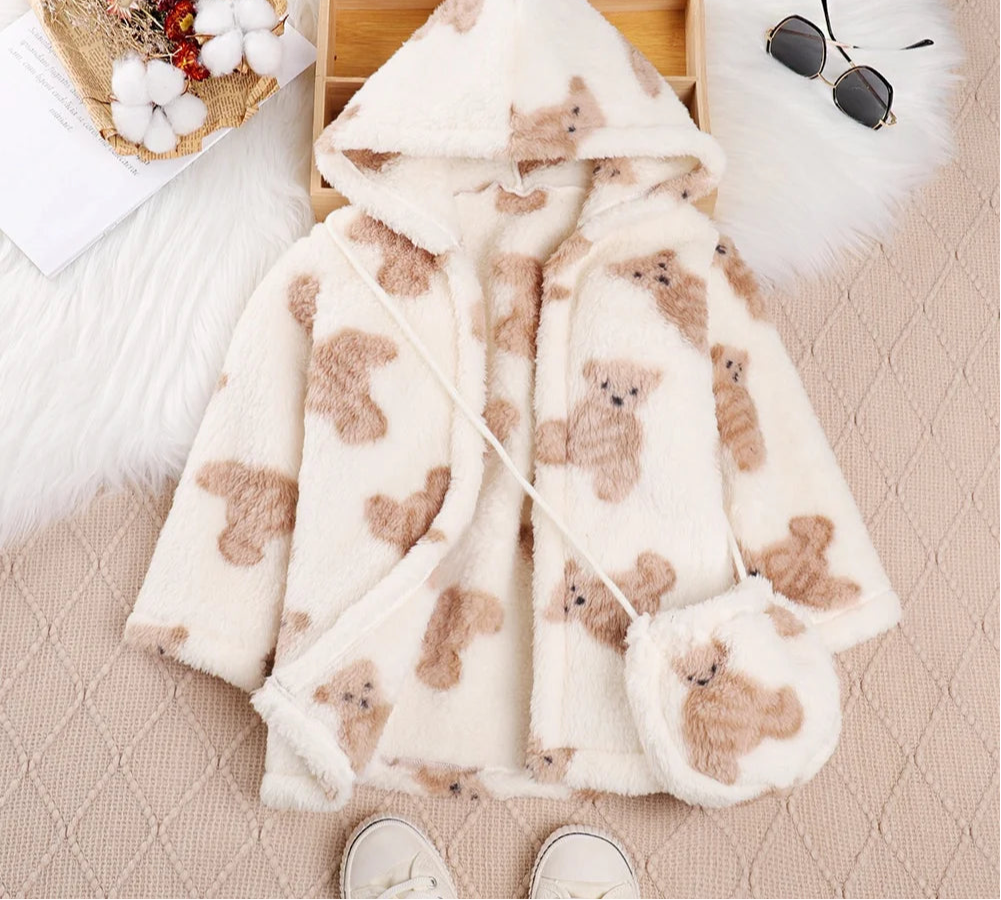 Children's Girl's Bear Print Faux Fur Fleece Coat with Bag