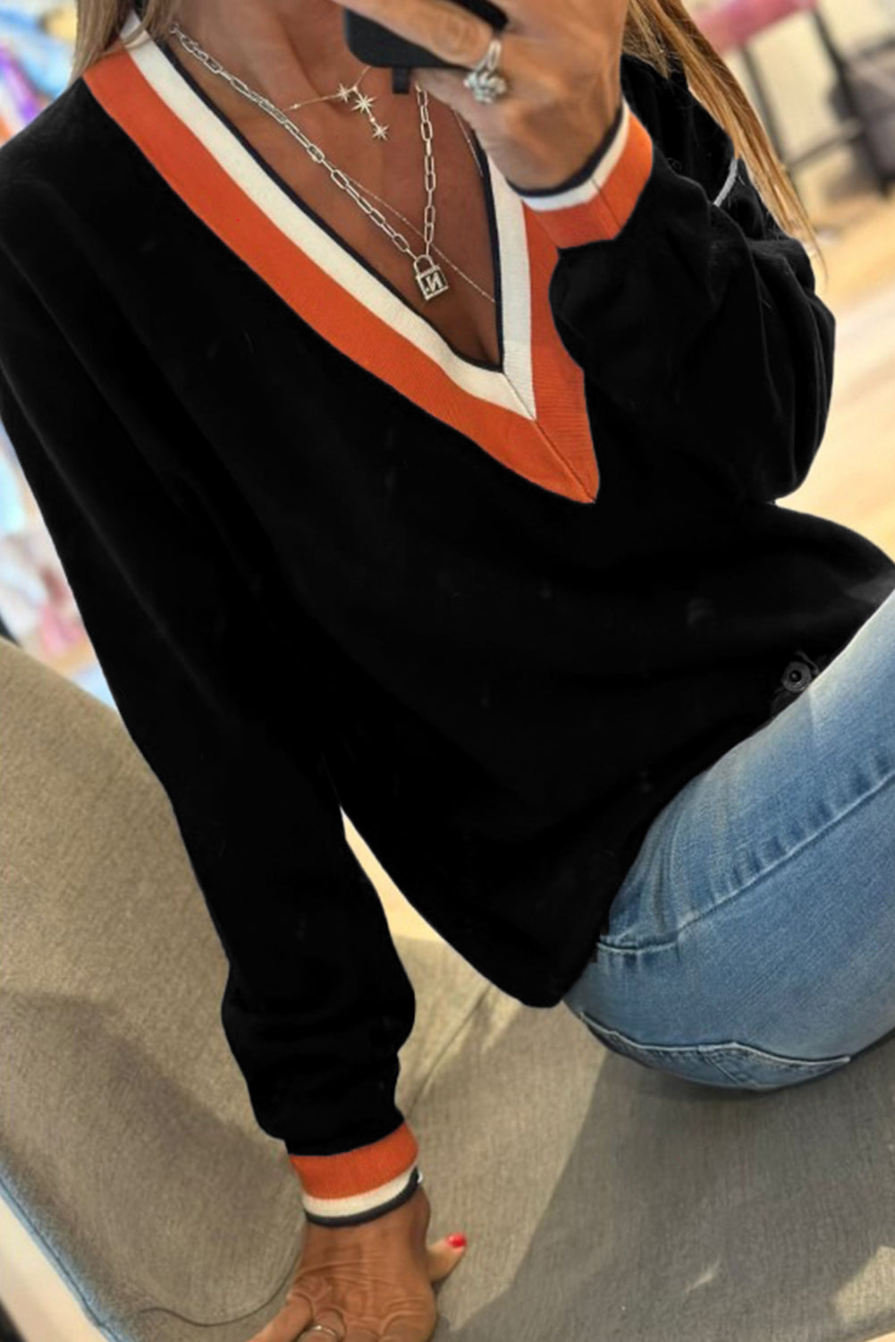 Dark Khaki Contrast Striped Trim V-Neck Varsity Sweater